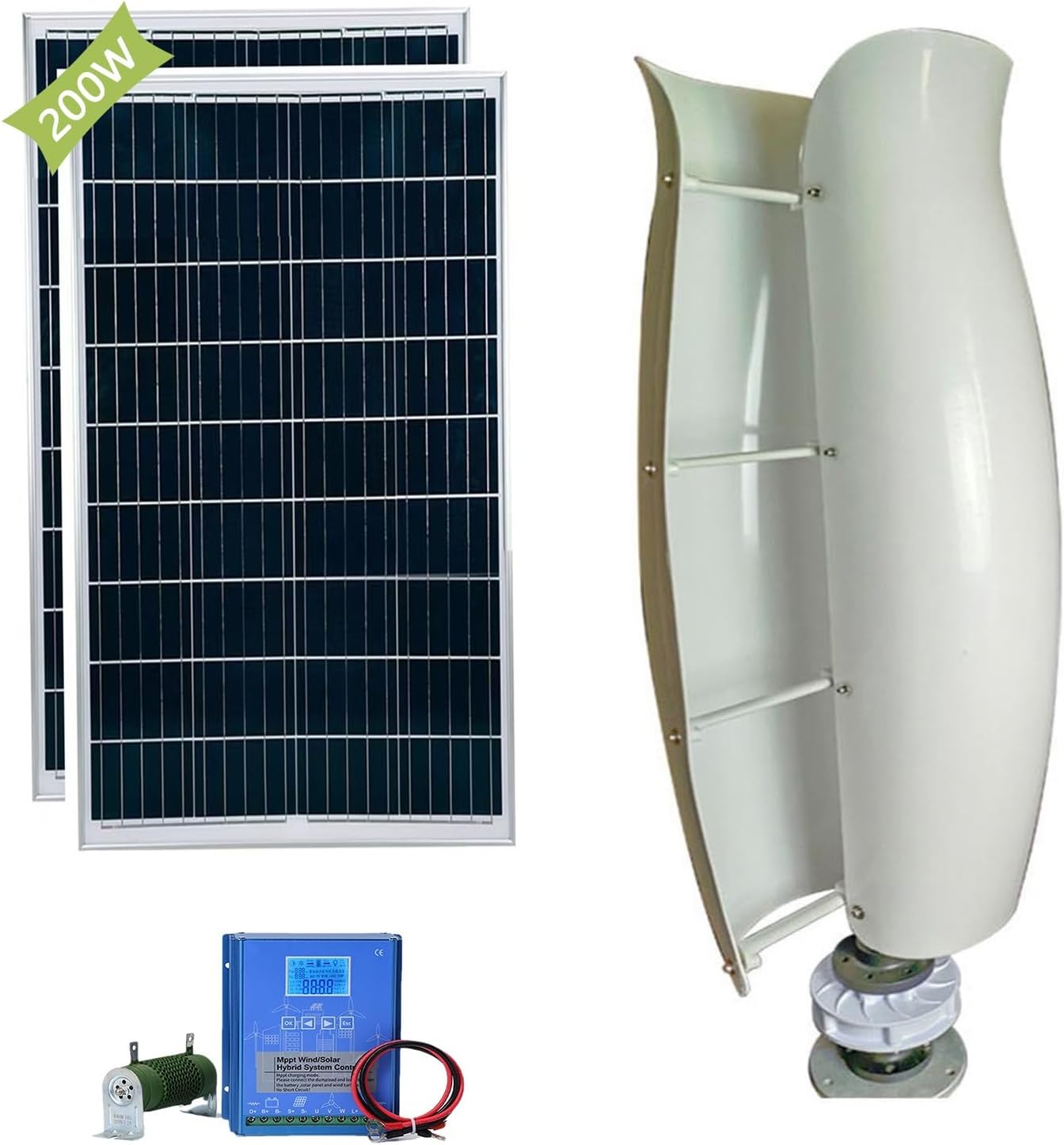 3KW Wind Turbine Generator Kit 12V 24V 48V Free Energy Windmill Vertical Axis Wind Turbine + 2 * 100W Photovoltaic Panels Breeze Start Wind and Solar Hybrid Power Generation System(White,48V)