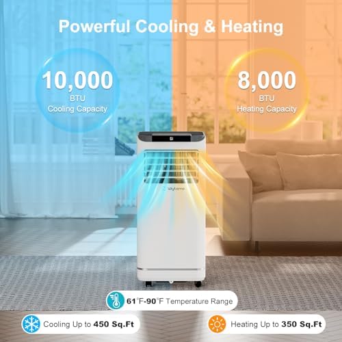 10,000 BTU Portable Air Conditioners, 4 in 1 Portable AC Unit, Cool, Heat, Dehumidifier & Fan, 450 Sq.Ft Room Air Conditioners Portable Up, LED Display & Remote/24 Hrs Timer/Self Evaporation