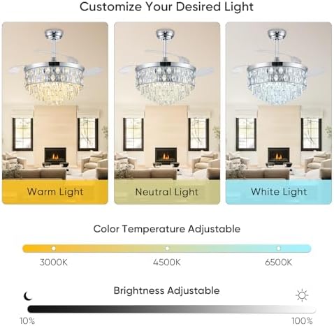 42 Inch Fandelier Ceiling Fan with Light, Chandelier Fan for Bedroom Living Room, Retractable Ceiling Fan with Lights, 6 Wind Speeds, LED Dimmable, Memory and Timing Function-Chrome