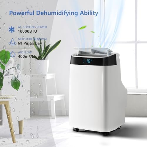 10,000 BTU Portable Air Conditioner, Cools Rooms Up to 450 Sq.Ft, 3-In-1 Floor AC Unit With Dehumidifier & Fan Modes, 24H Timer, Remote Control & Window Kit, Quiet Operation for Bedroom, Office, Home