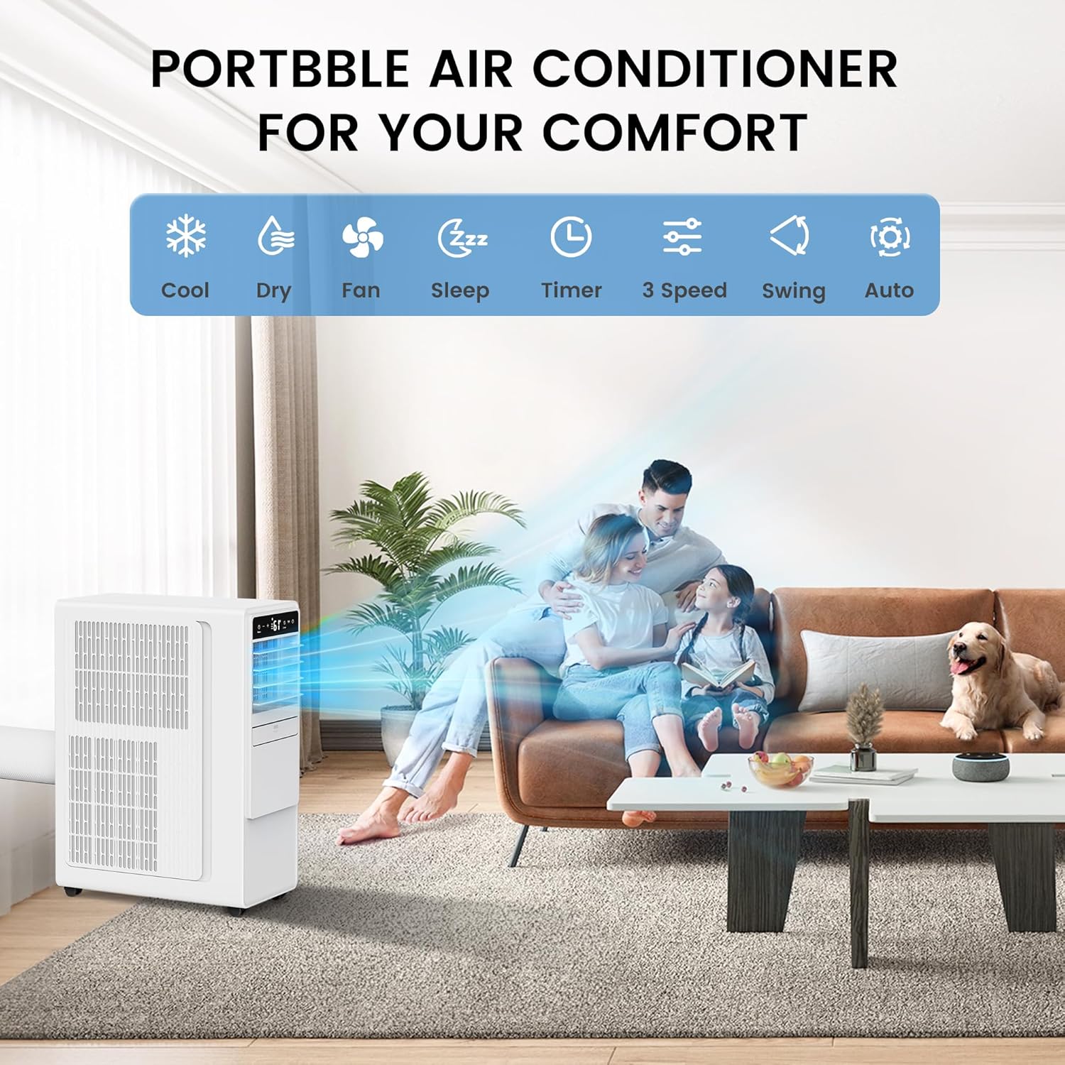 12000 BTU Portable Air Conditioners for Room up to 500 sq.ft, 3-in-1 Free Standing Quiet Portable AC Unit with Fan & Dehumidifier, Remote Control, Sleep Mode/24h Timer, 4 Speed, Auto Swing