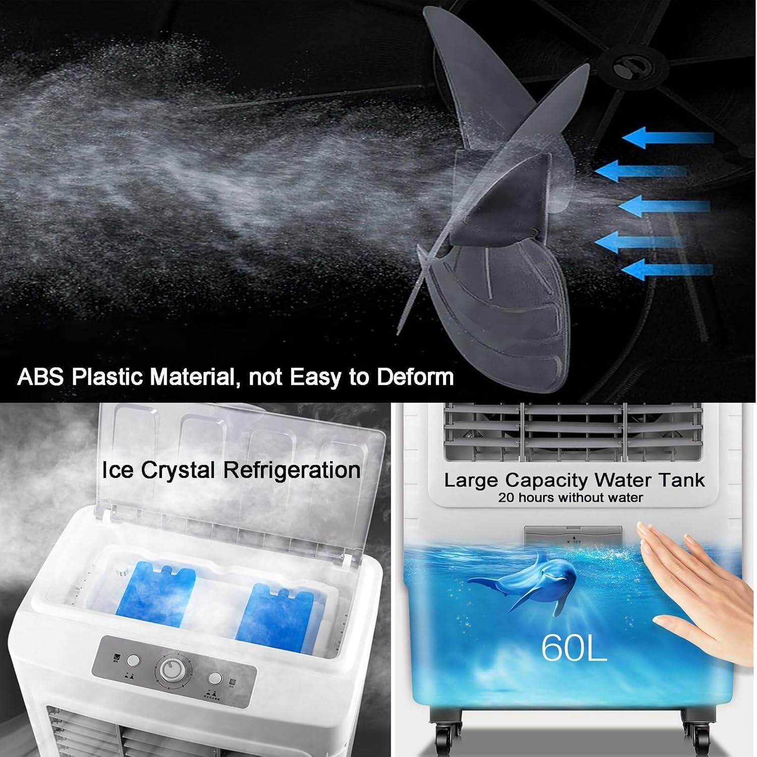 Portable Air Cooler, 3-in-1 Evaporative Air Conditioner with 80L Water Tank, Oscillating Louvres, 3 Wind Speeds, Low Noise, for Indoor & Outdoor Use(60L)