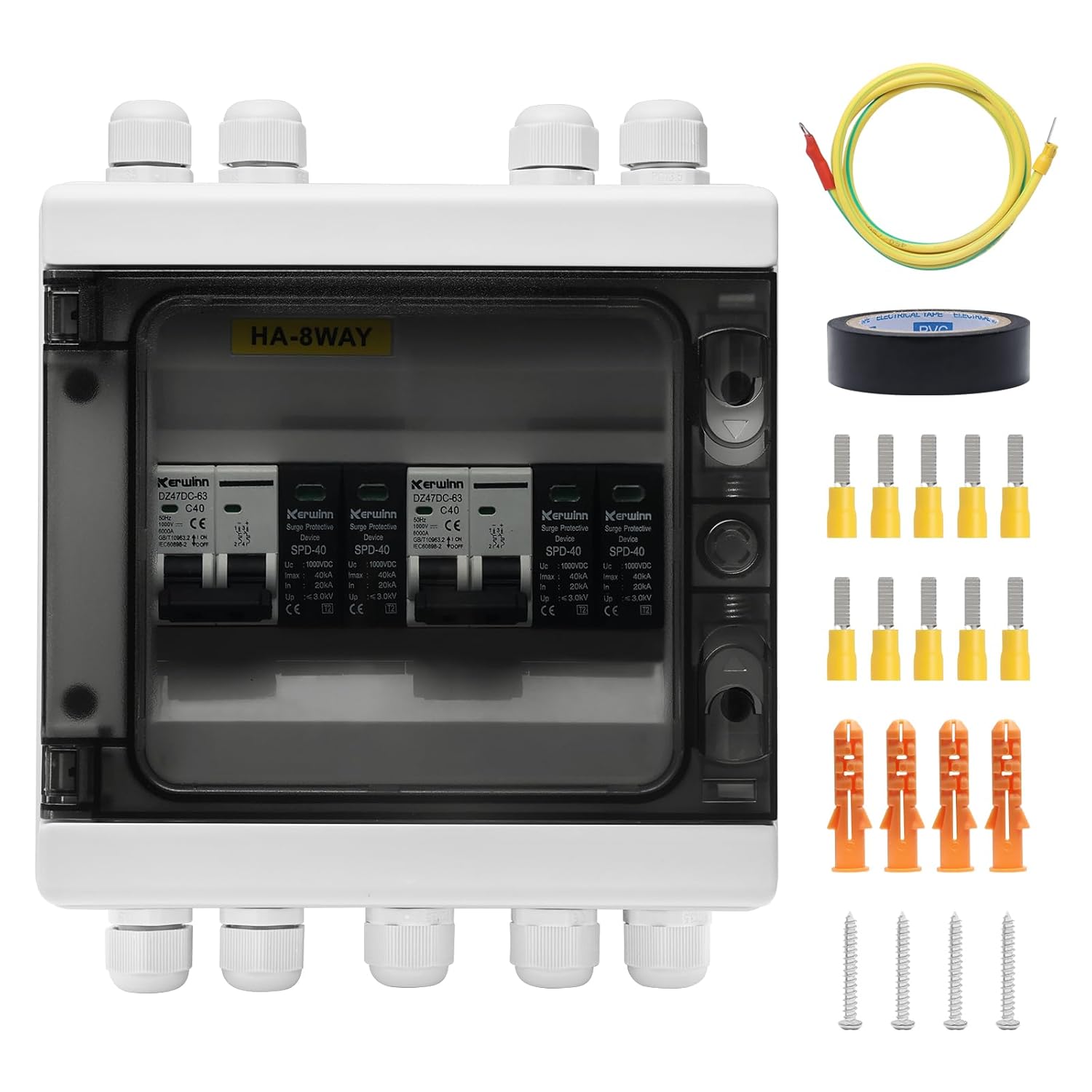 Solar Panel Disconnect Switch,40A 1000V RV Circuit Breaker Box with PV Surge Protector IP65 Waterproof 2 String 2 in 2 Out PV Combiner Box for Solar Panel
