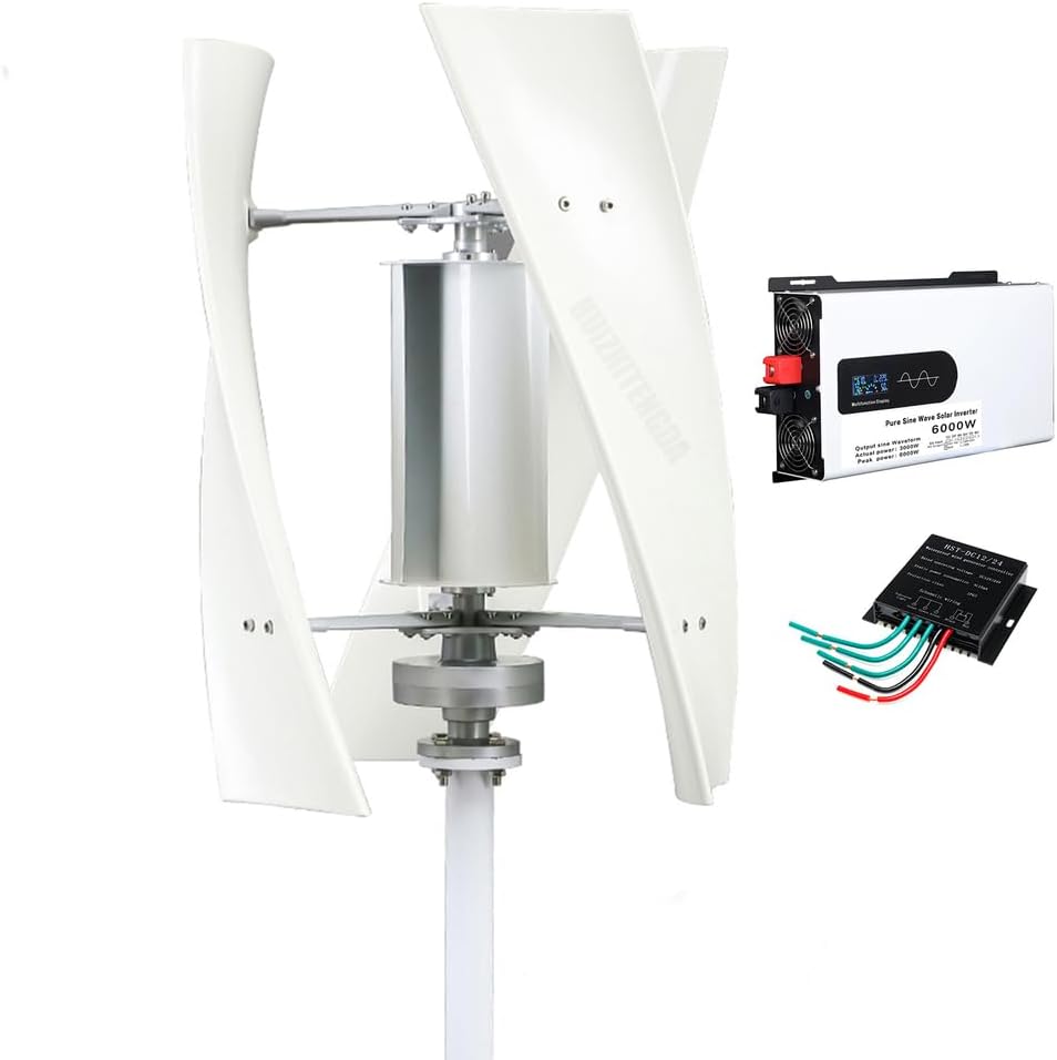 6000W Wind Turbine Generator Kit, for Outdoor Courtyards 3 Blades 12V 24V 48V 220V Low Noise Solar Generator Wind Power Kit with MPPT Controller (White),12v