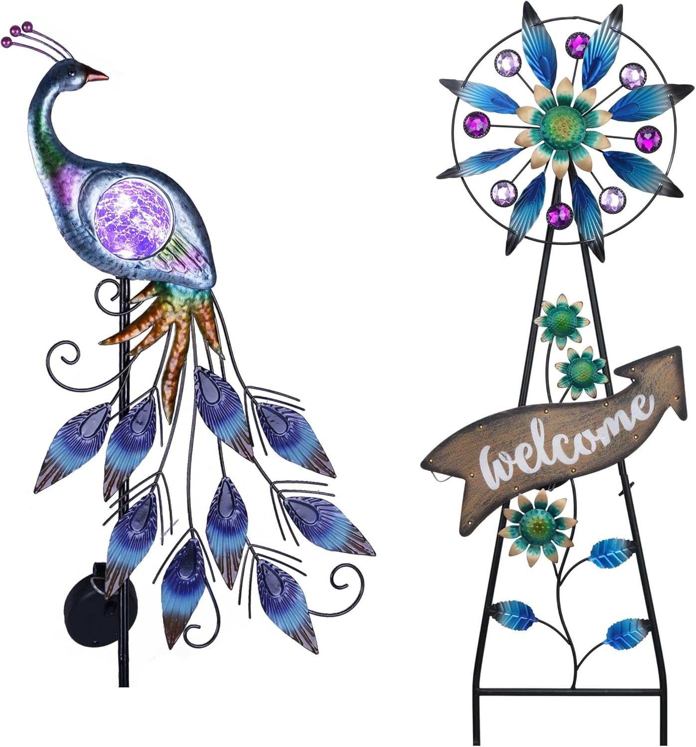 TERESA'S COLLECTIONS Peacock Garden Solar Stake, Wind Spinner Yard Art for Outdoor Decor, Metal Purple Windmill Decorative Garden Stake for Lawn Ornaments, Gifts for Mothers Day