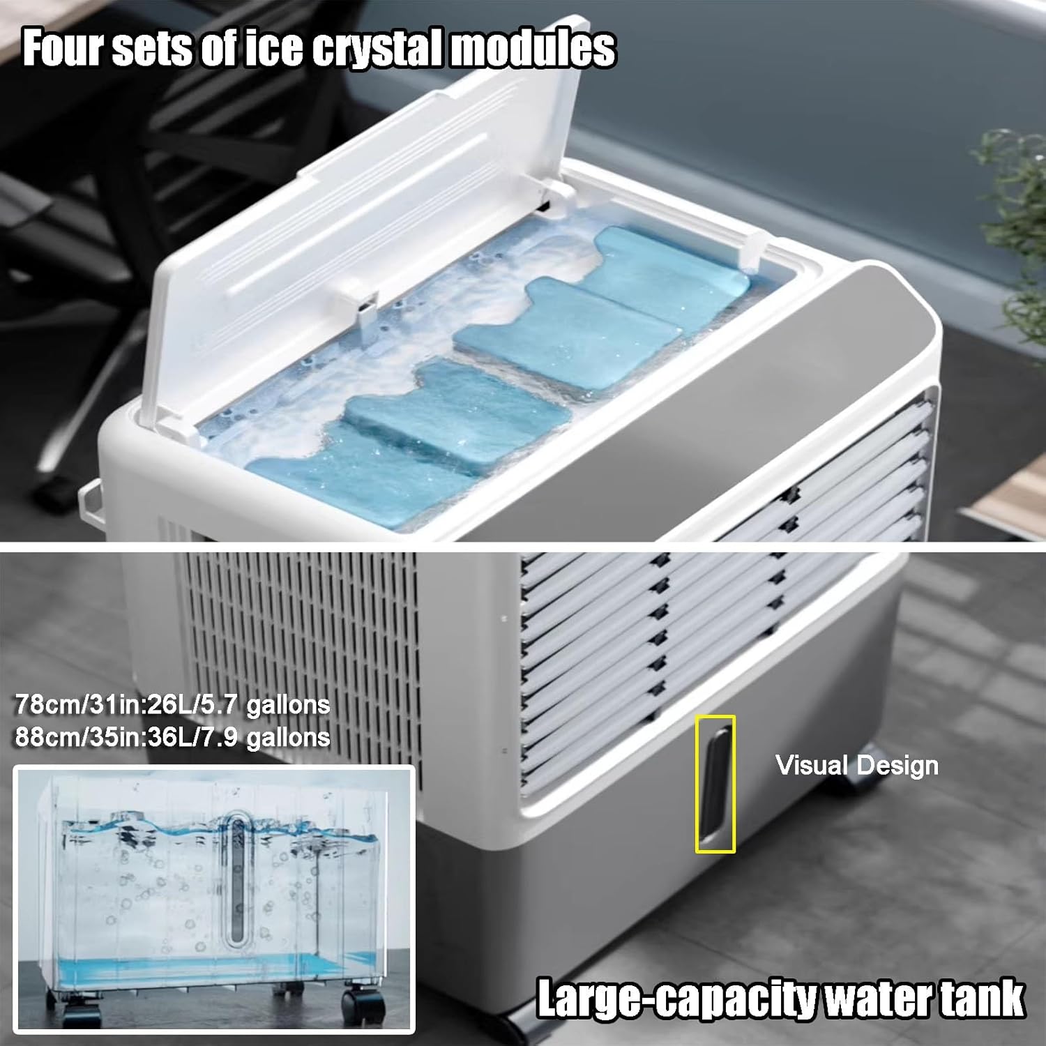 Evaporative Cooler, Knob Type Swamp Cooler, Portable Air Conditioners with 4 Ice Crystals, 3 Speed, 120° Oscillation for Room, Patio, Garage(78cm/31in)