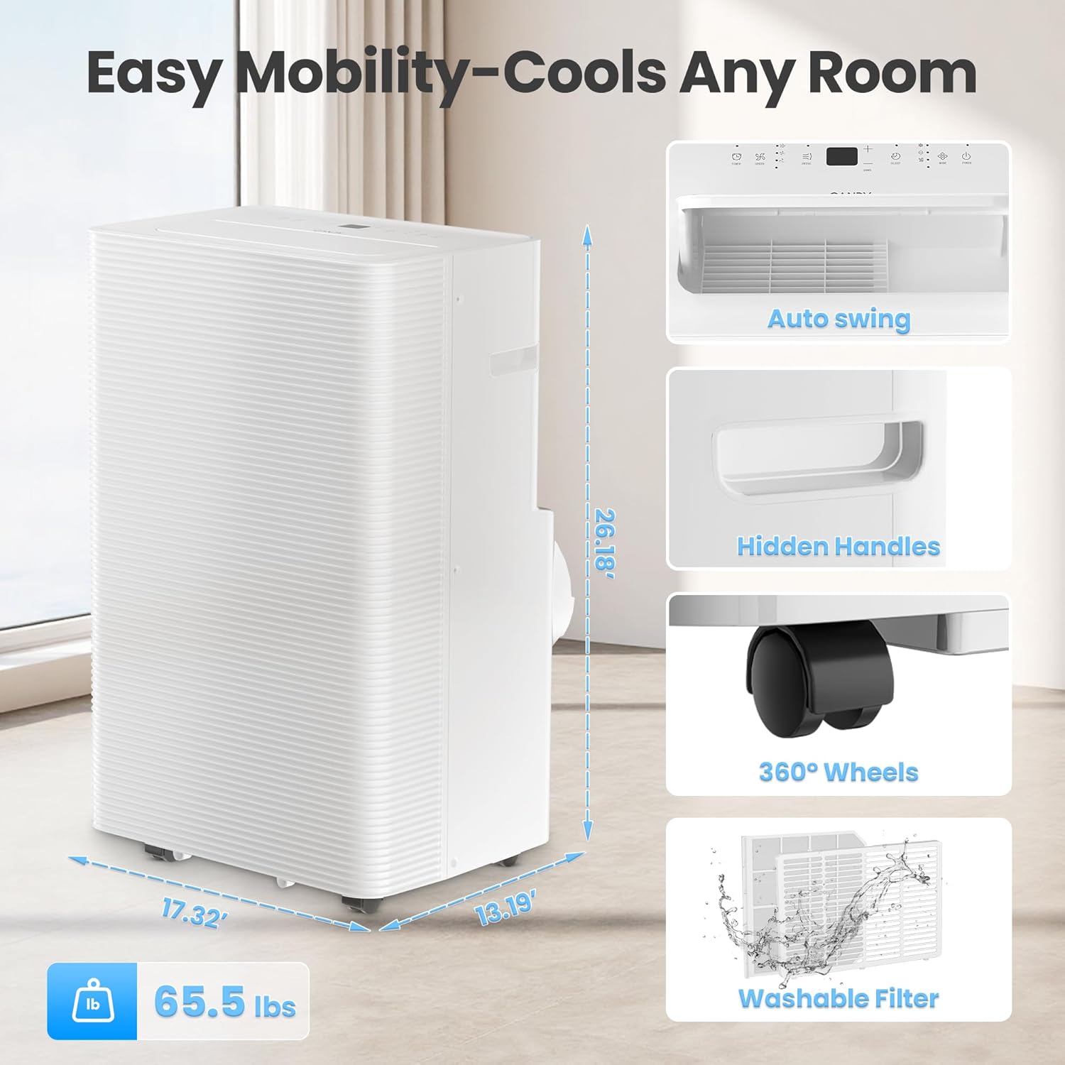 Candy 14,000 BTU Portable Air Conditioner for Rooms up to 700 Sq.Ft,3-in-1 Cooling/Dehumidifier/Fan AC Unit 3 Speed,Auto Swing,Remote Control,Window Kit Included,White