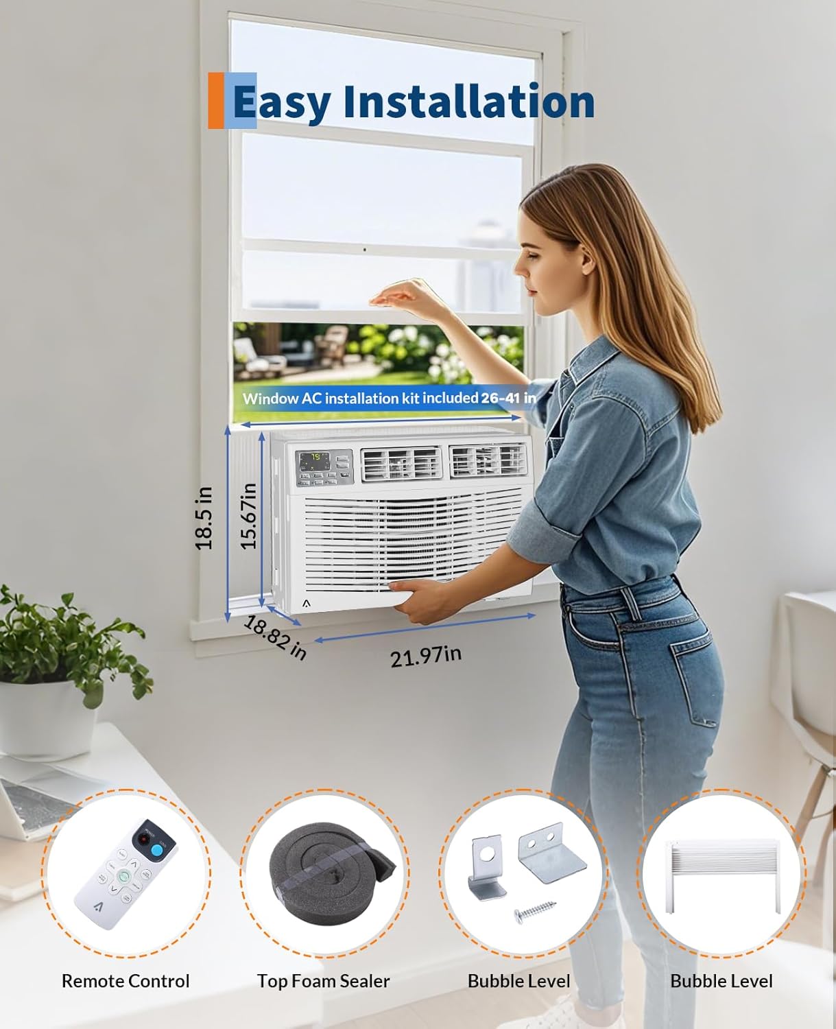 8000 BTUs Window Air Conditioner, Smart Window AC Unit with WiFi, Cools for Small Rooms up to 350 sq. ft. Wall Mount Window AC Unit with Remote Control, Washable Filter, Easy Install Kit