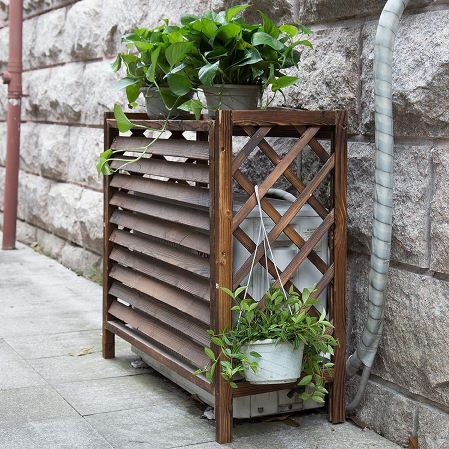 Solid Wood Garden Fence Air Conditioner Cover Decorative Privacy Fence Screen Trellis Design Outdoor Enclosure for Climbing Plants Trash Can Flower Rack Conditioning Shell Blinds(85x35x80cm)