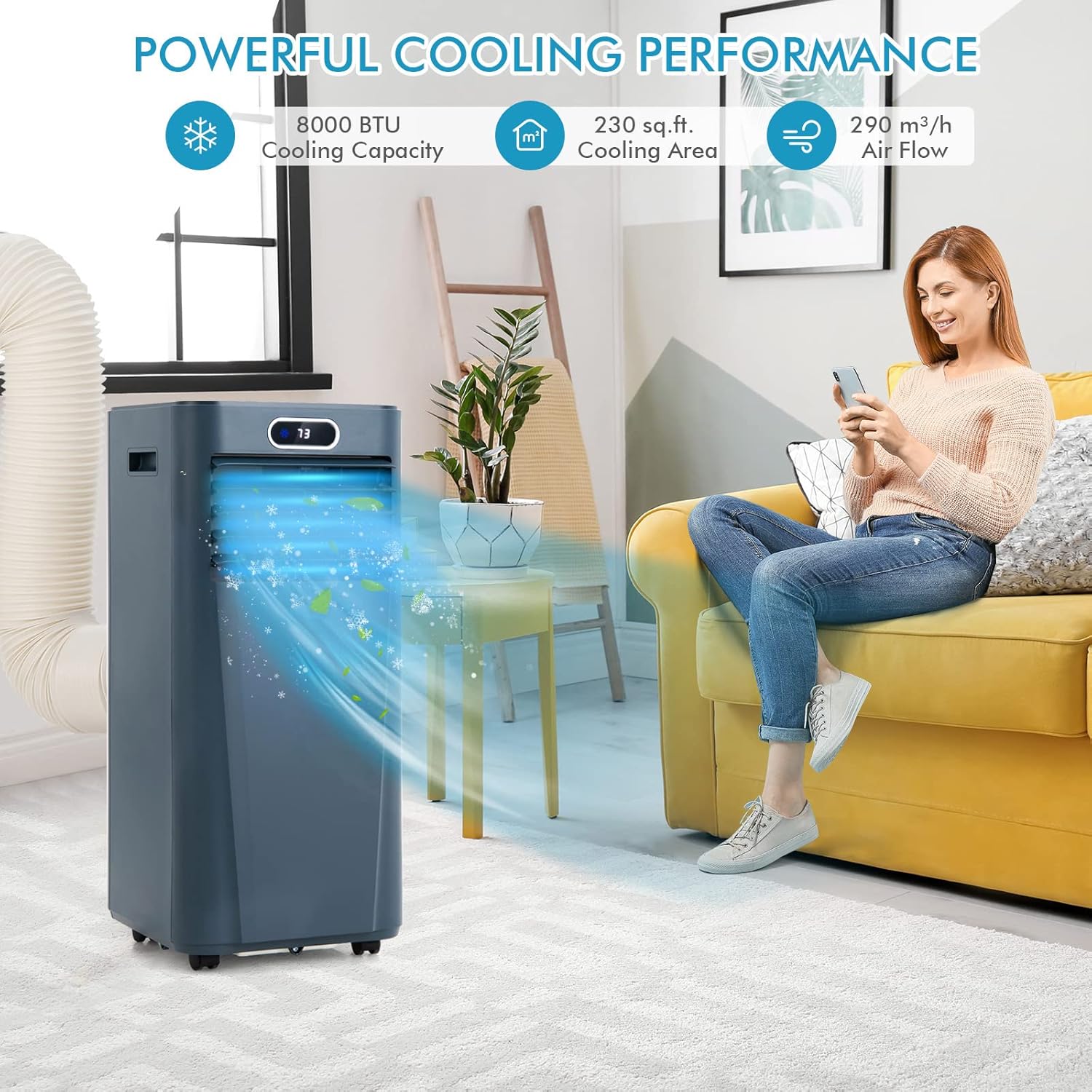 LDAILY Portable Air Conditioner, 8000 BTU for Rooms up to 230 sq.ft, 3-in-1 Evaporative Air Cooler w/Dehumidifying Fan & Remote Control, Sleep Mode, Window Kit, 24H Timer & LED Display, Dark Blue