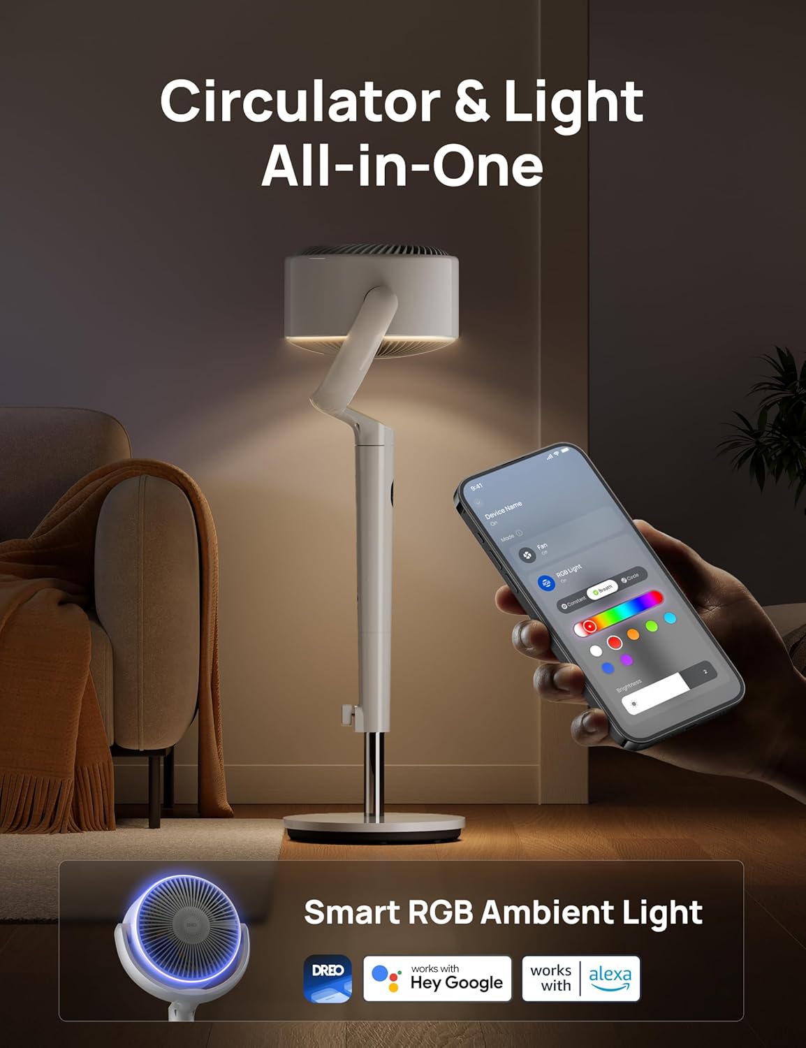 Dreo Smart Fan for Bedroom, 120° +120° Omni-Directional Oscillating Fans, 90ft Quiet Pedestal Fan with RGB Light, 9 Speeds, 6 Modes, 20dB, 8H Timer, Wi-Fi/Voice/Alexa, 37-42