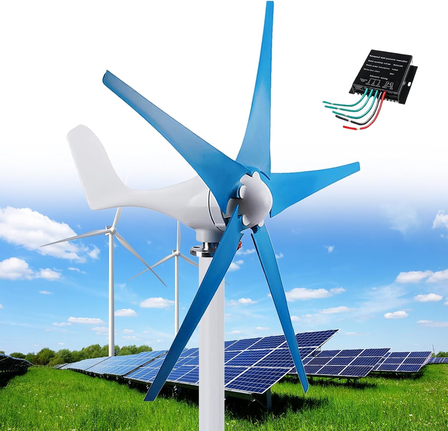 Wind Turbines, 5 Blade Professional Wind Turbines Small Windmill Generator 12000W Industrial, Solar and Wind Power Parts and Accessories, 3 Phase AC Permanent Magnet Generator,Blue-12V