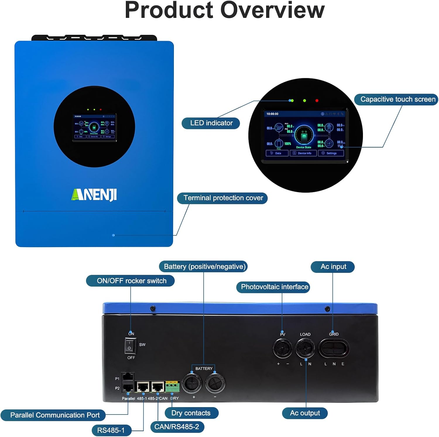 Hybrid Solar Inverter 6KW 48V Split Phase 120V Dual MPPT Charger Parallel,Max PV Charging Current 120A,Max. PV Input 9KW 500VDC, Support 6 Units Parallel for Lead Acid, Li, Batteryless Run
