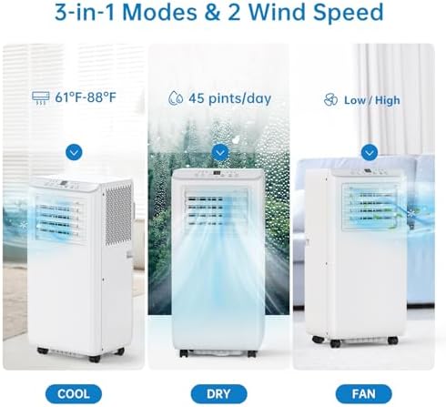 Acekool 8,000Btus Portable Air Conditioner AC Unit 3-in-1 Air Conditioners w/Dehumidifier & Fan Modes Auto Evaporation for Home up to 350 sq. ft. Complete Window Mount Exhaust Kit, 24H Timer, White