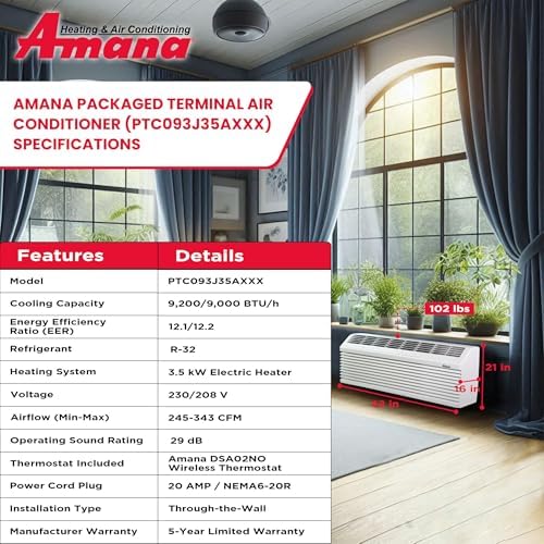 AMANA PTAC 9,000 BTU Air Conditioner Heat Pump PTH093K35AXXX with 3.5 kW Heater 20 Amp plug, White