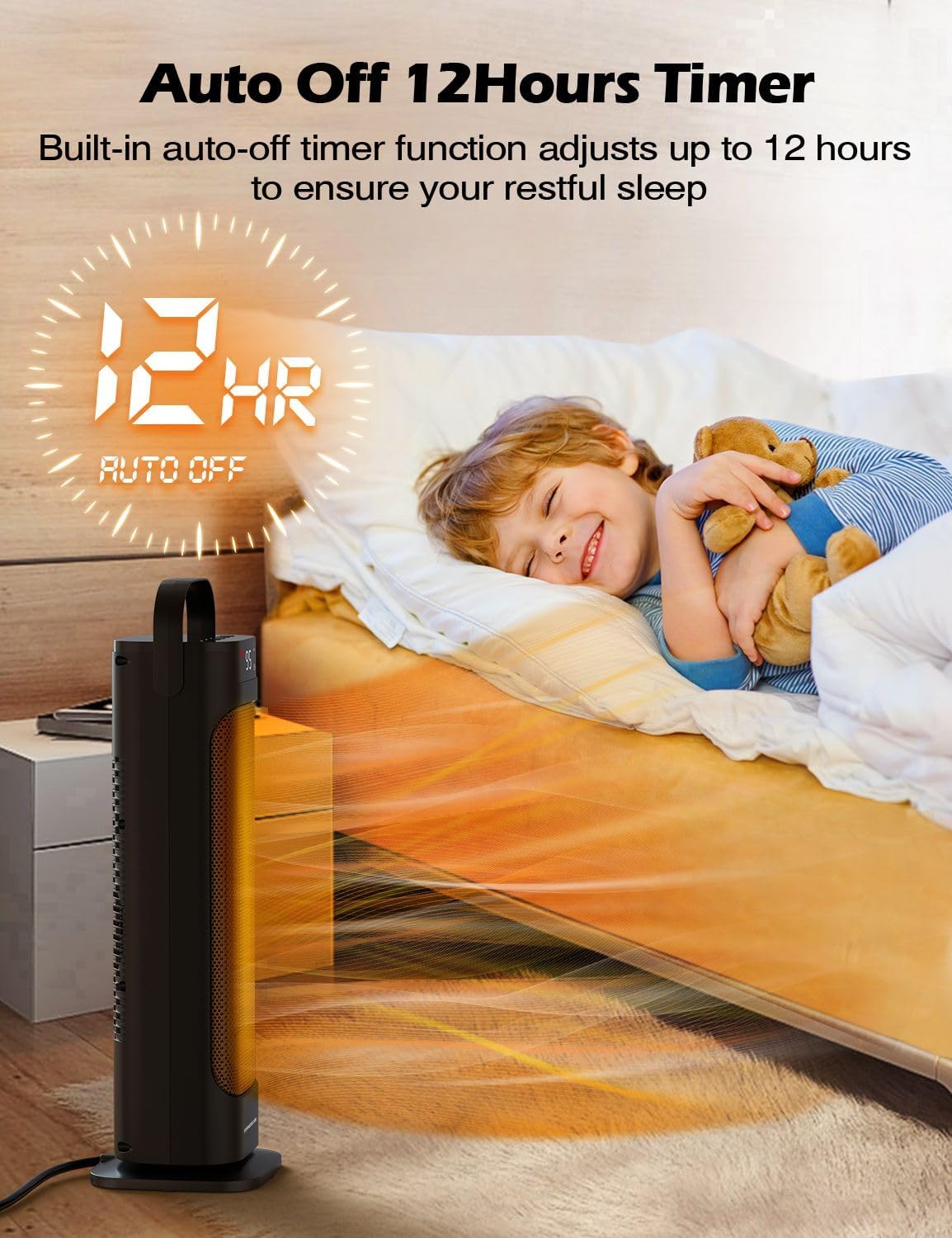 VAGKRI 24” Oscillating Ceramic Tower Space Heater，Fast Ceramic Heater with Thermostat and Remote,Portable Electric Heater with Tip-Over & Overheating Protection, 3 Modes for Bedroom, Office Black