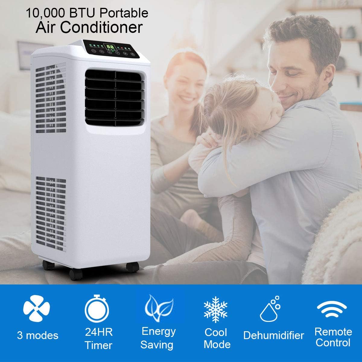 10000 BTU Portable Air Conditioner, Dehumidifier and Fan Functions, Compact Single Hose AC Unit, with Digital LED Display and 24hr Timer, Remote Control, 400 Sq/Ft Coverage, White