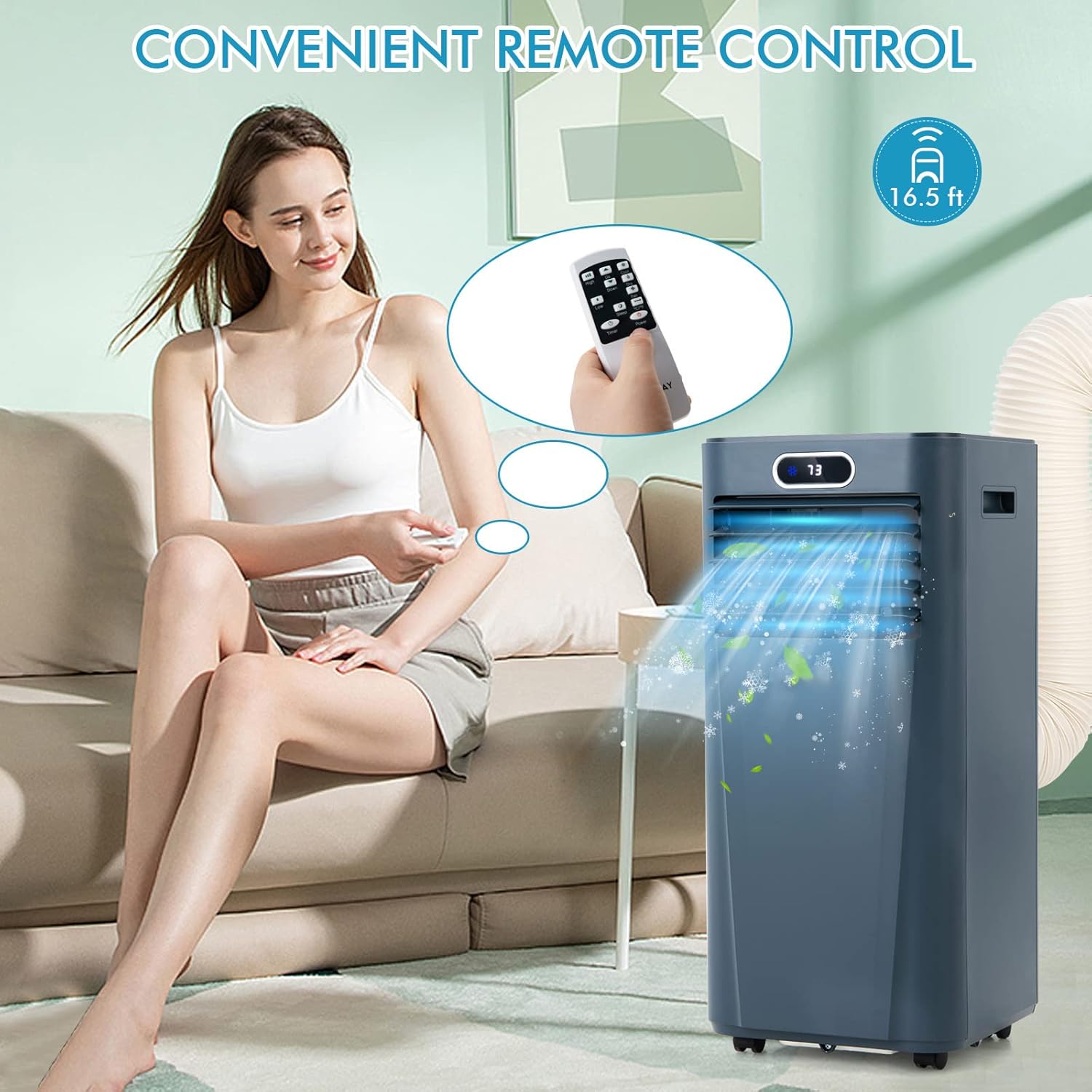 LDAILY Portable Air Conditioner, 8000 BTU for Rooms up to 230 sq.ft, 3-in-1 Evaporative Air Cooler w/Dehumidifying Fan & Remote Control, Sleep Mode, Window Kit, 24H Timer & LED Display, Dark Blue