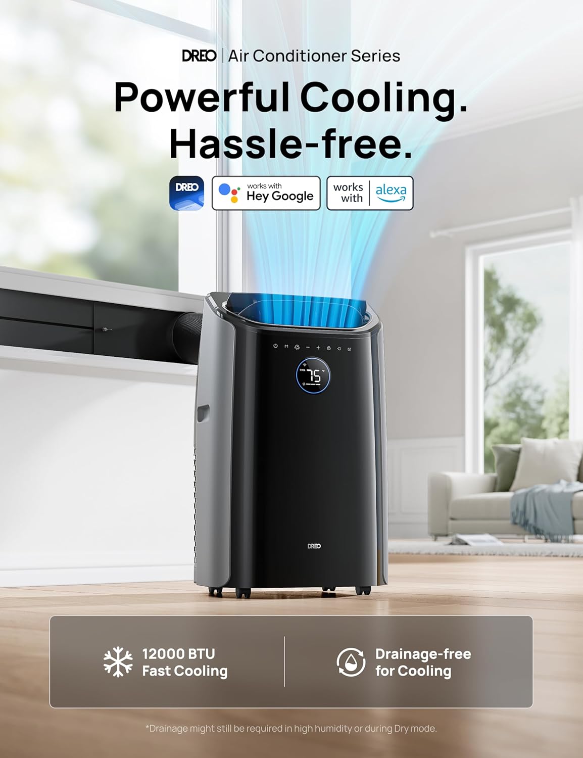 Dreo Portable Air Conditioners, 12,000 BTU AC Unit for Bedroom with Drainage-free Cooling, 46dB Quiet, APP/Voice/Remote, 24h Timer with Fan & Dehumidifier, Smart Standing AC for Room Indoors, AC515S