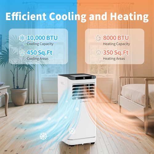 10,000 BTU Portable Air Conditioners for 450 Sq.Ft, 4-in-1 Room Air Conditioner with Cooling, Heating, Dehumidifier, Fan, Remote, Sleep Mode, Child Lock, 24H Timer, Self-Evaporating Portable AC Unit