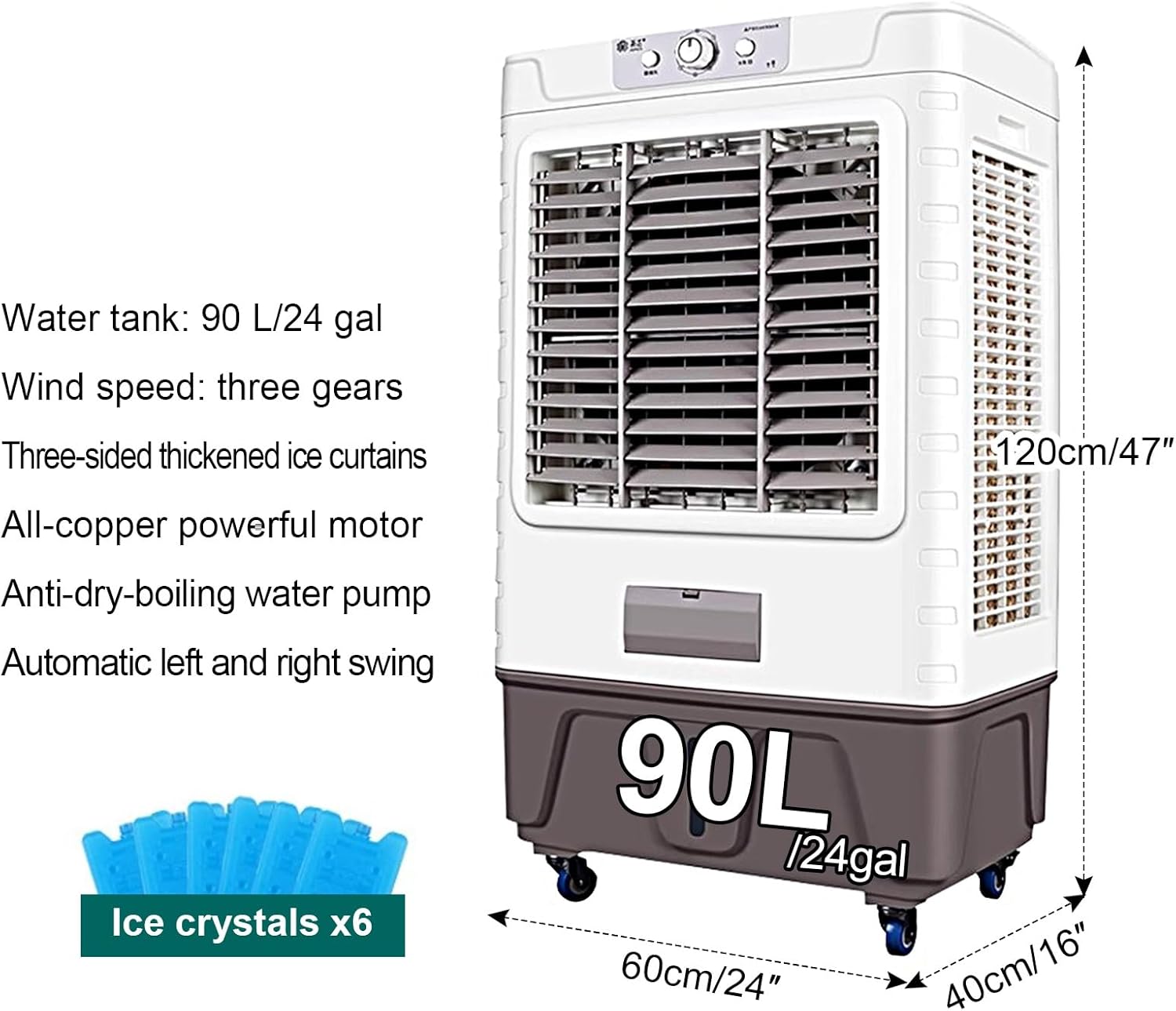 Evaporative Air Cooler portable air conditioners, Fan Cooler with 120° Oscillating, 3 Wind Speeds, 90 L/24 gal Water tank, for Outdoor Indoor Use