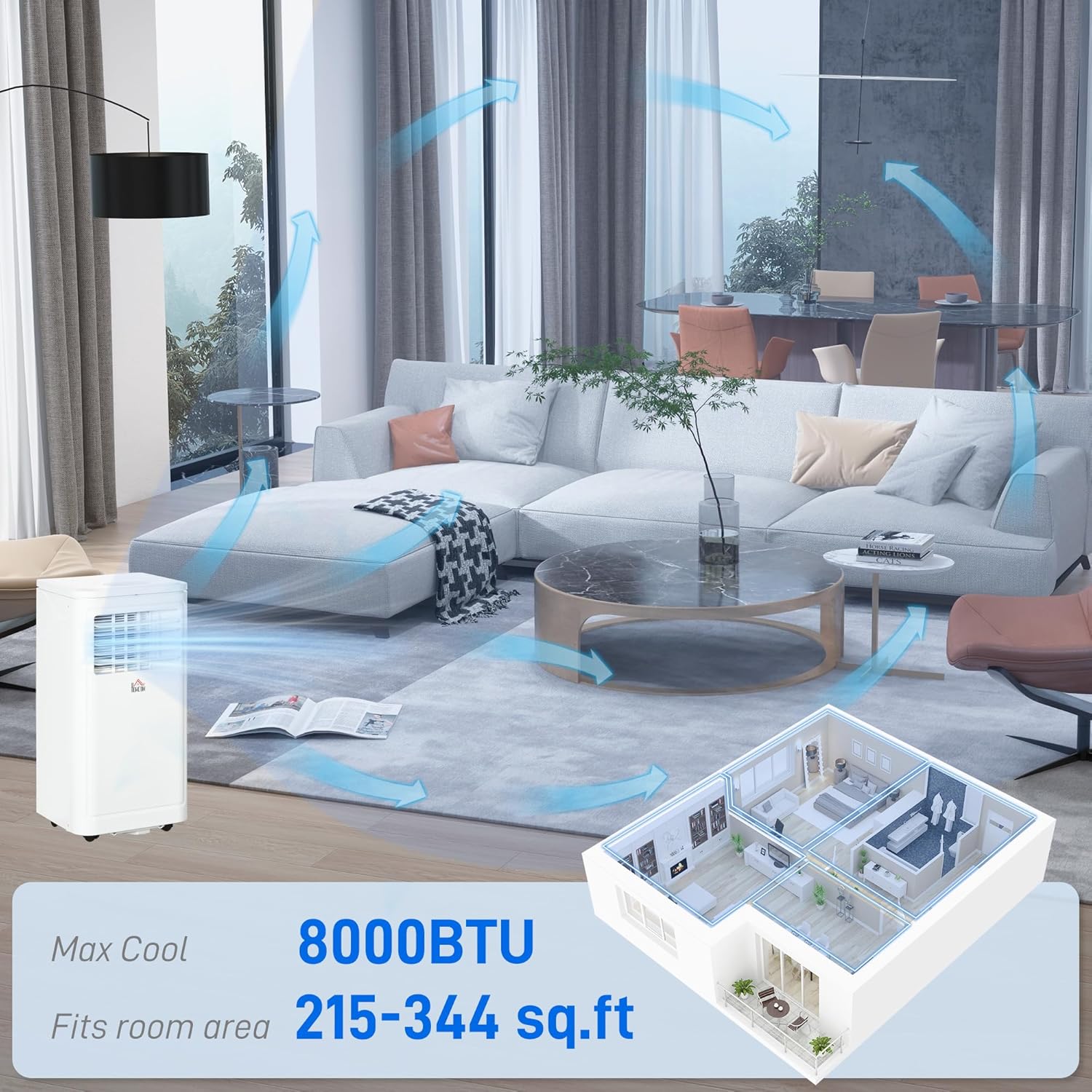 HOMCOM 8000 BTU Portable Air Conditioner, for Rooms Up to 344 Sq. Ft., 3-in-1 Portable AC Unit with Dehumidifier, Cooling Fan, Sleep, 24H Timer On/off, Remote, Window Installation Kits, Cream White