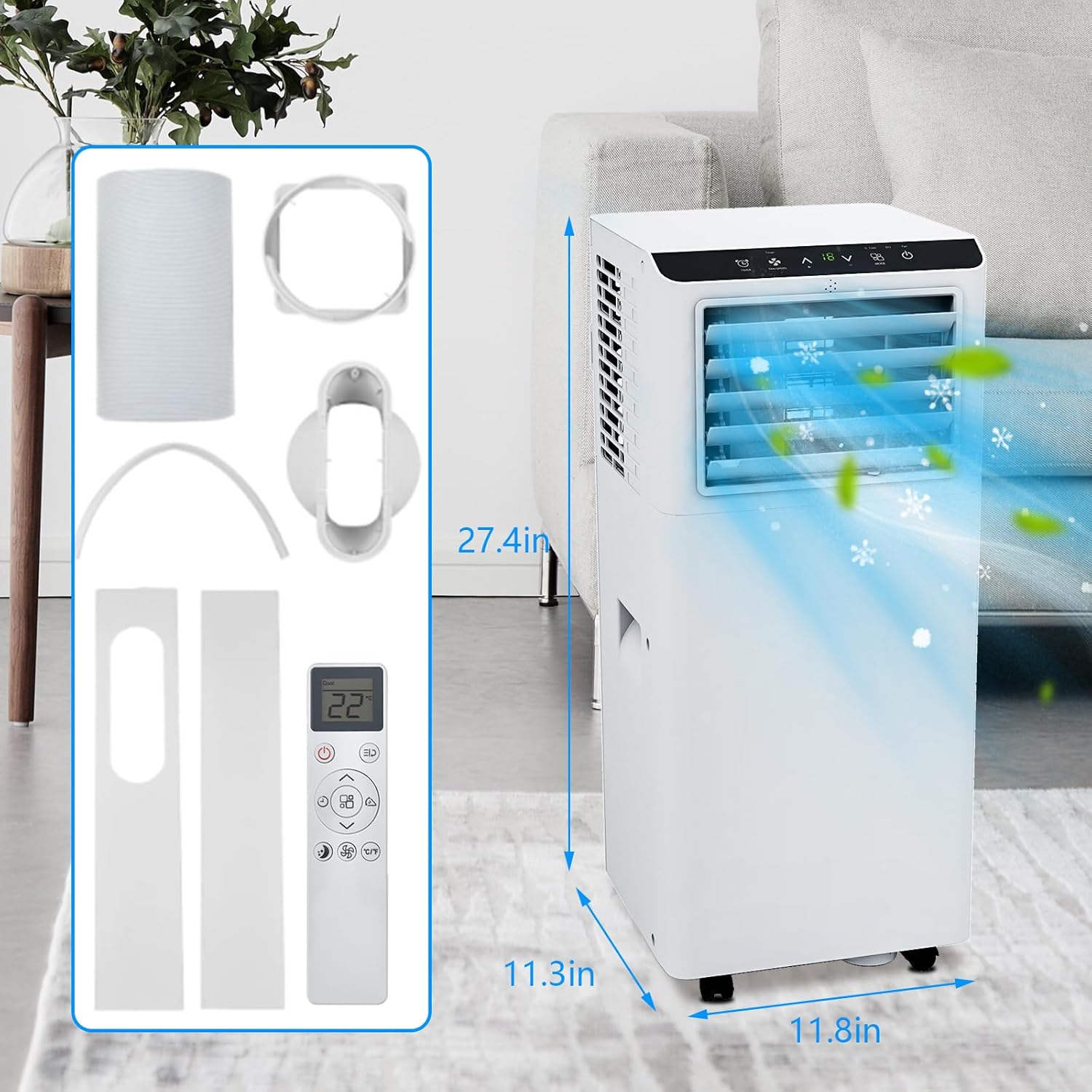 8000BTU Mobile Portable Air Conditioner, Exhaust Hose & Window Kit Included, Quiet Floor A/C Unit for Bedroom Office, with Remote Control, Timer, White