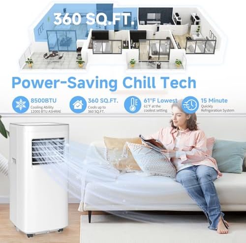 8500 BTU Portable Air Conditioners with Dehumidifier & Fan - 3-in-1 Cooling Unit for Rooms up to 450 Sq.Ft, Remote Control, Sleep Mode & Easy Installation Kit, Ideal for Studios/Offices/Home Use