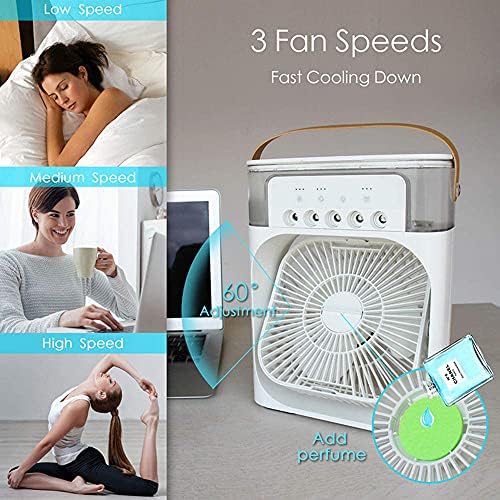 Portable Air Conditioner Fan Usb Desk Fan Mini Evaporative Air Cooler Fan with 7 Colors Lights Personal Air Cooler with Timer-White