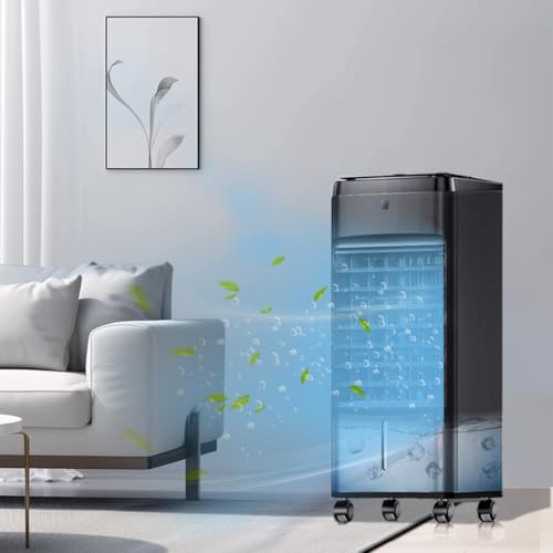 NOMEY Evaporative Air Cooler, 3-IN-1 Air Conditioner Portable for Room w/ 4 Modes & 3 Speed, 12H Timer, 1 Gal Detachable Water Tank, 4 Ice Packs, Remote, 70° Oscillation Air Cooler for Bedroom Indoor