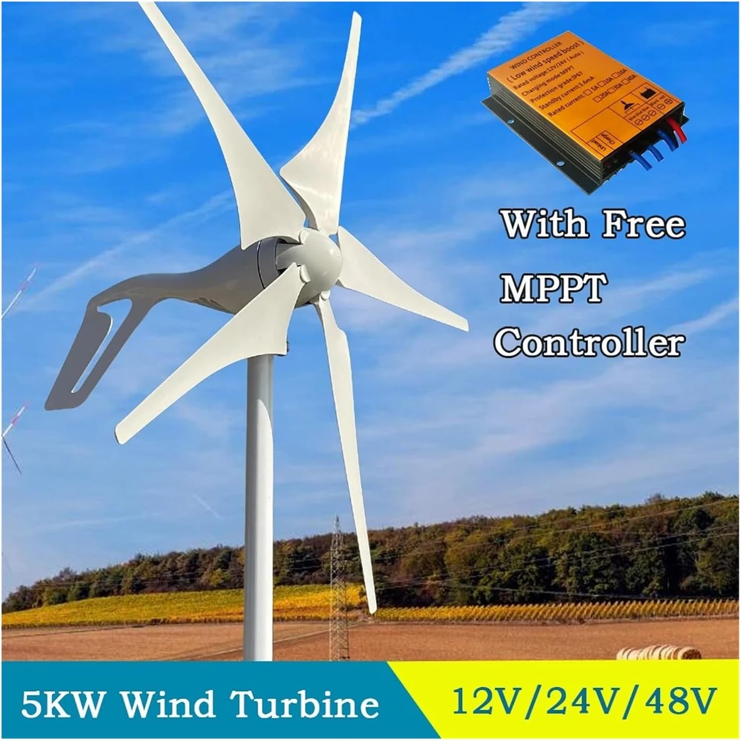 5000W Horizontal Wind Turbine 12V 24V 48V Small Power Generator Low Noise Windmill for Small Household Farms Industrial Energy(MPPT Controller,24V)