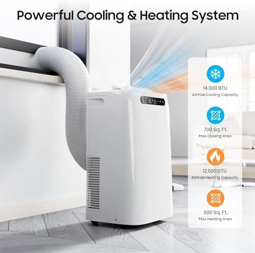 14000 BTU Portable Air Conditioners with Heater,Cools Up to 700 Sq.Ft, Quiet Portable AC Unit with Remote Control & Installation Kits for Large Rooms,White