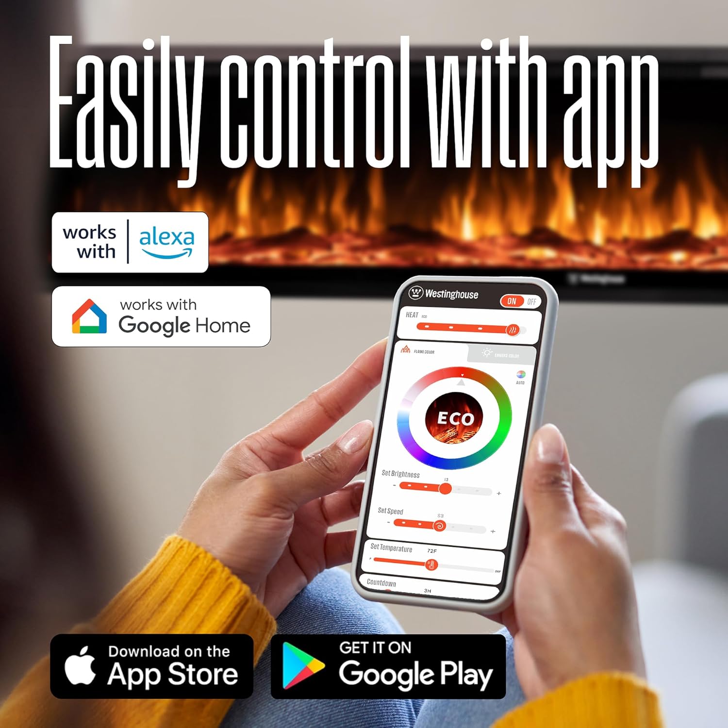 Westinghouse 60 Inch Electric Fireplace Heater, Compatible with Alexa & Google Home, Wall Mount or in-Wall Recessed Fireplace Insert, 24 Hour Timer, Color Changing Flames, 750W/1500W Indoor Heater