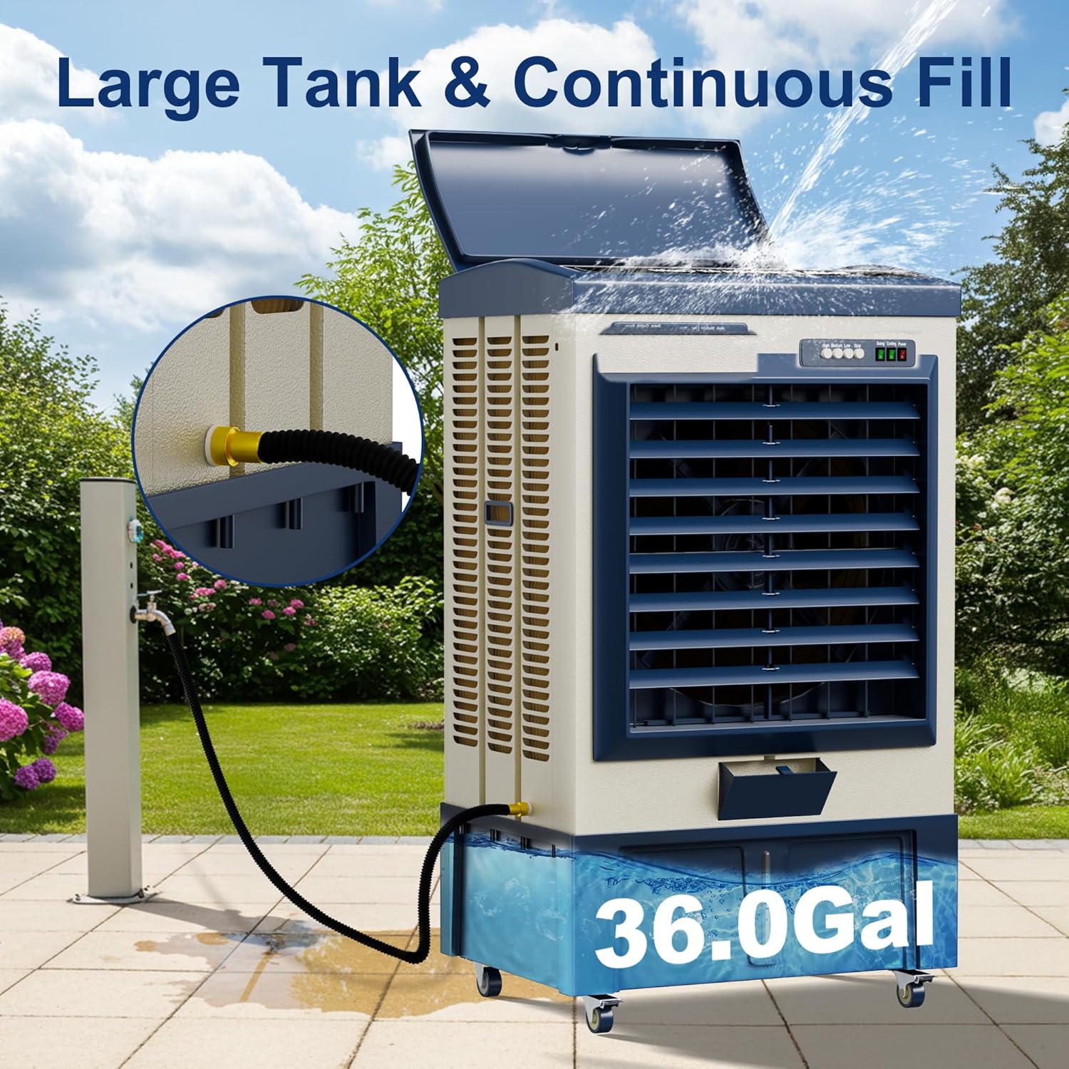 Swamp Cooler, 8990CFM Evaporative Air Coolers with 36 Gal Tank, Windowless Air Conditioner 3 Speeds for Outdoor Use, 58 Inch Air Cooler Water Fan for Patio, Garage, Shop, Commercial Grey
