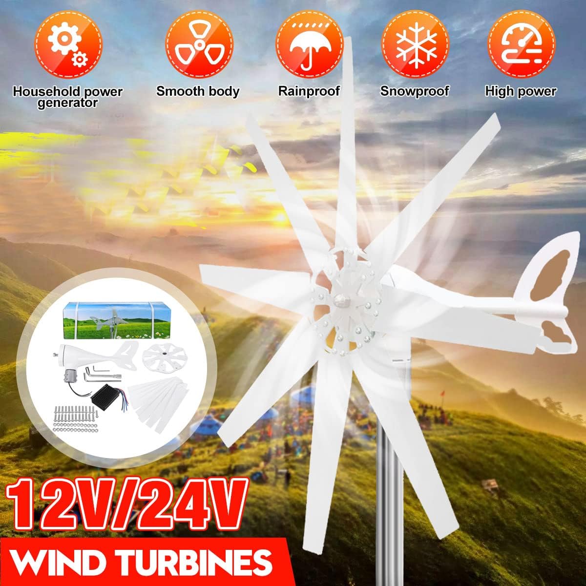 220v, 14000W Wind Turbines Generator Kit, 12V-220V Wind Generator Windmill Energy Turbines Wind Turbine Energy Generators(with Charge Controller)