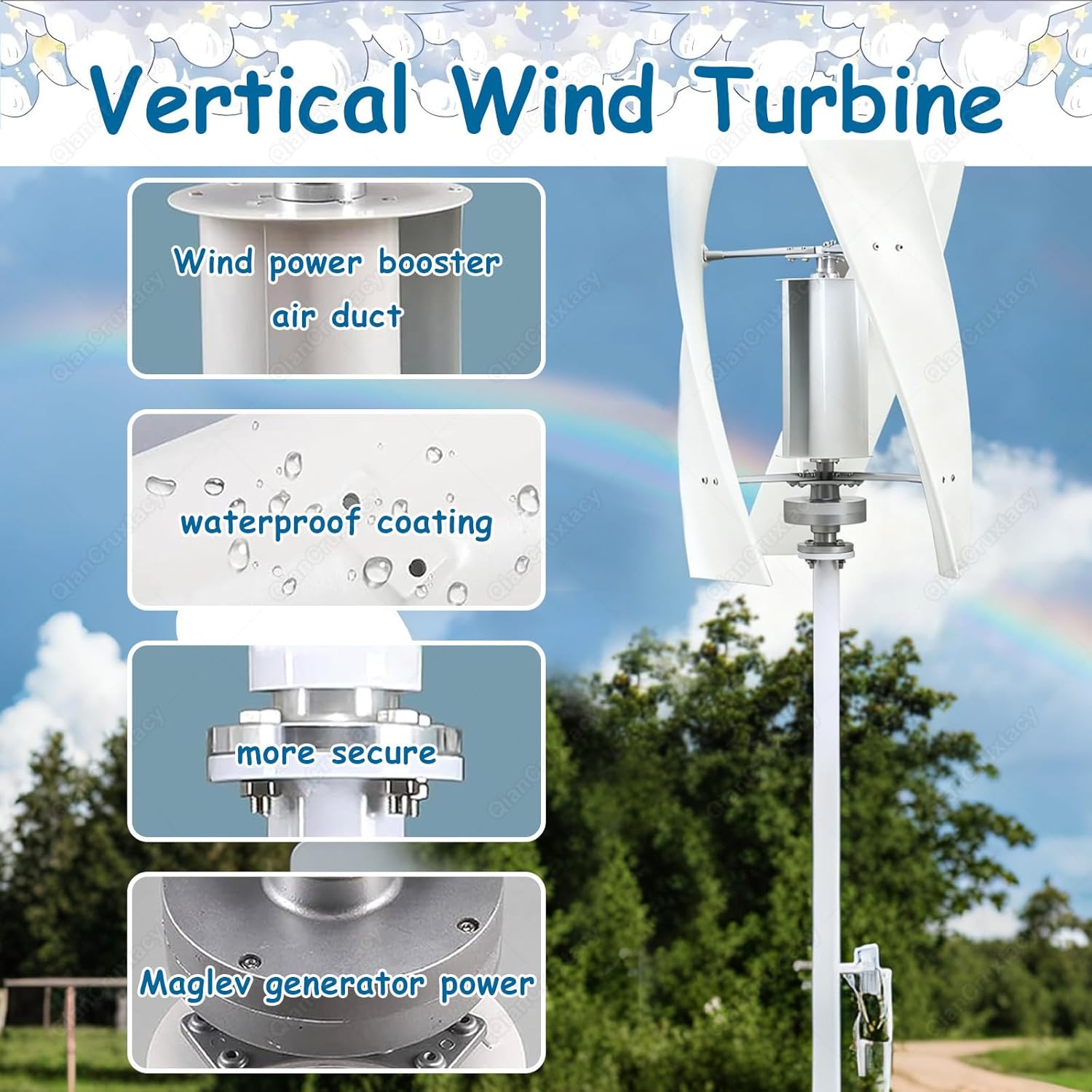 Maglev Vertical Wind Turbine, Complete Power Generation Kit, Portable Wind Turbines, Three Curved Nylon Fiber Blades, for Courtyard, Factory, Farm & Remote Applications Multi-200W