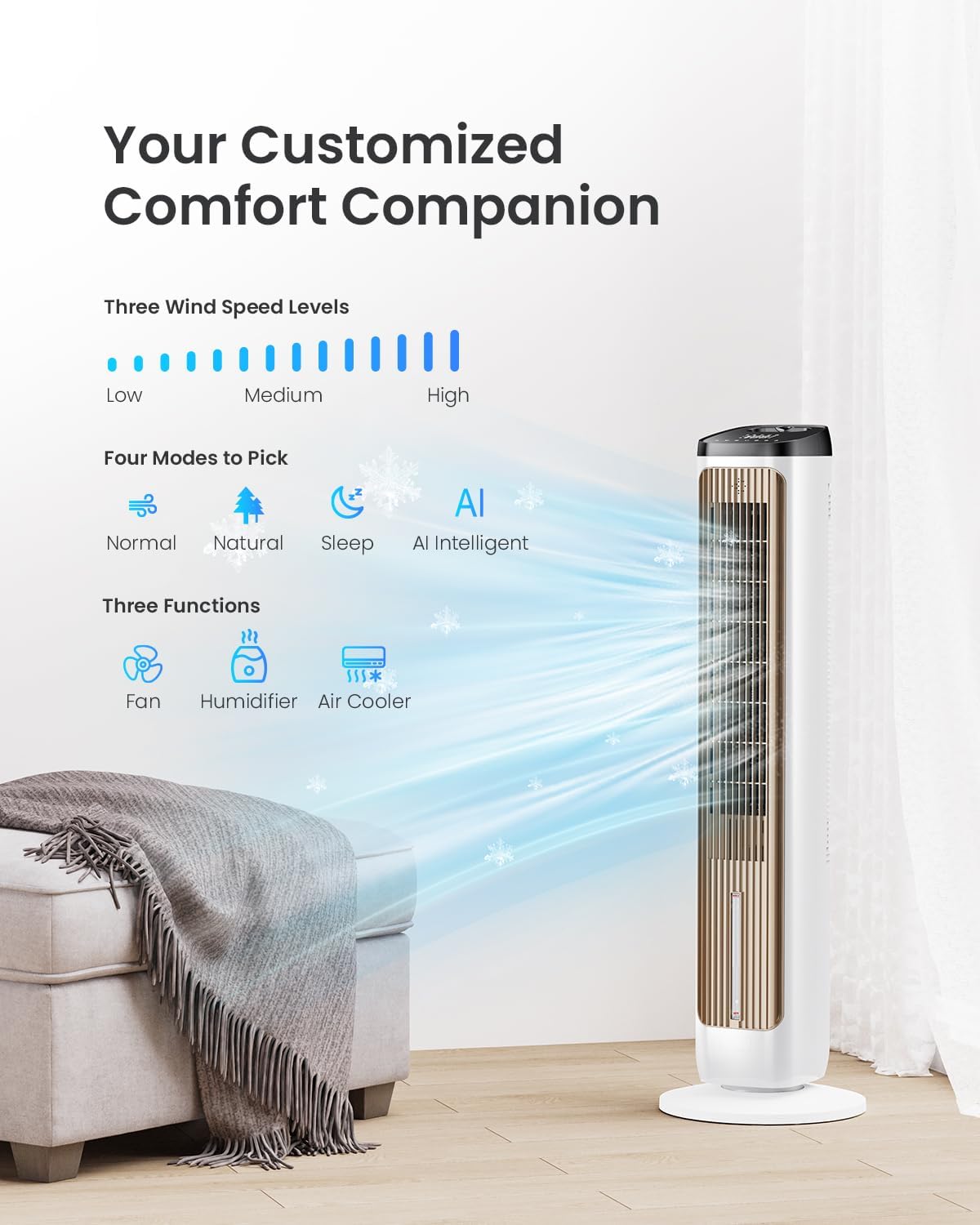 Fans That Blow Cold Air: PNTCK Tower Fans Air Cooler for Bedroom, Office, Small Room - Portable Evaporative Air Cooler with Ice Packs, 12H Timer, 3 Speeds, 4 Modes, 20FT Remote, 80° Oscillating