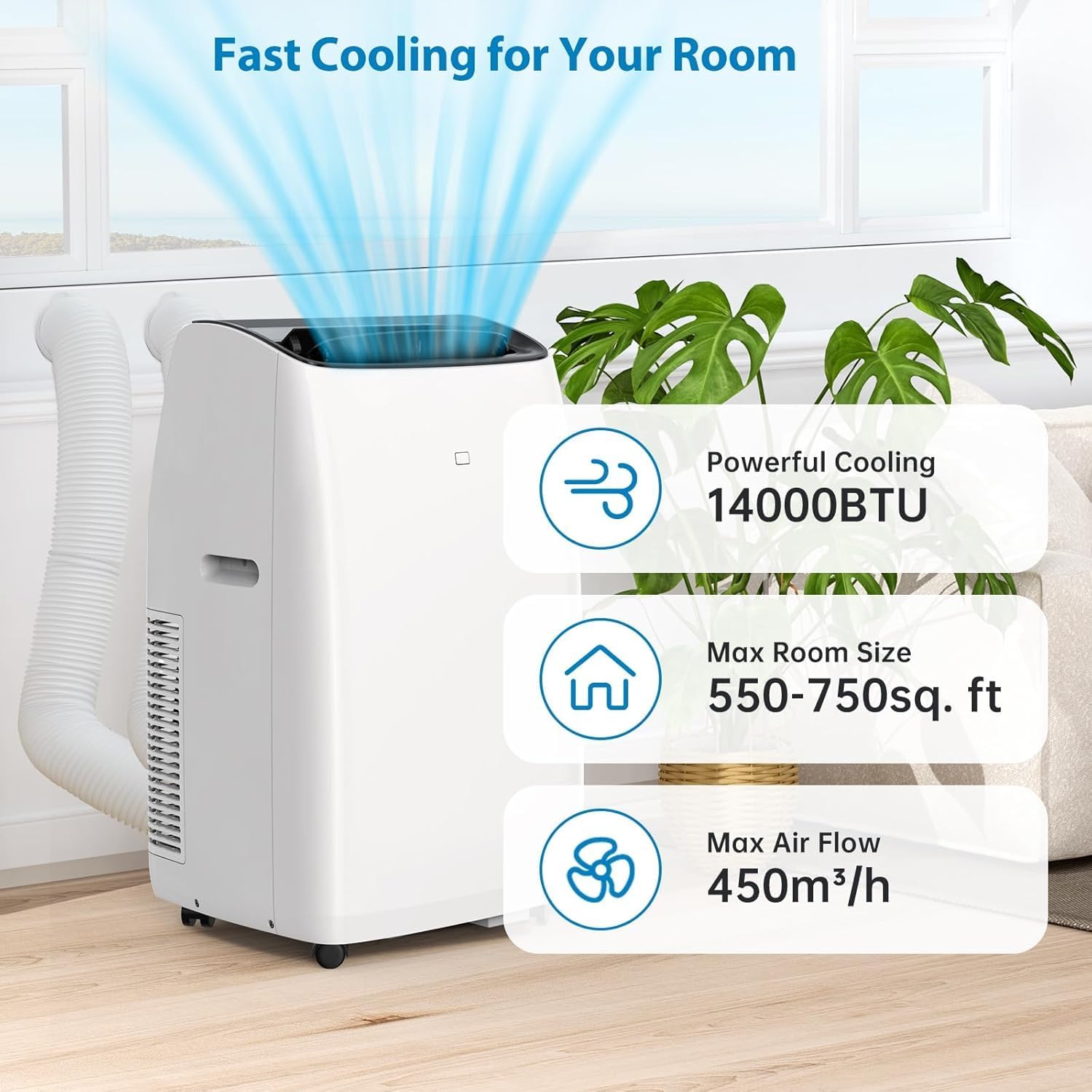 Inverter Portable Air Conditioner 14,000 BTU with Hose, Dehumidifier, Heater, Smart Inverter Portable AC Units with Remote, LED Display, 24 Hrs Timer, 42dB, AC Unit Window Kit