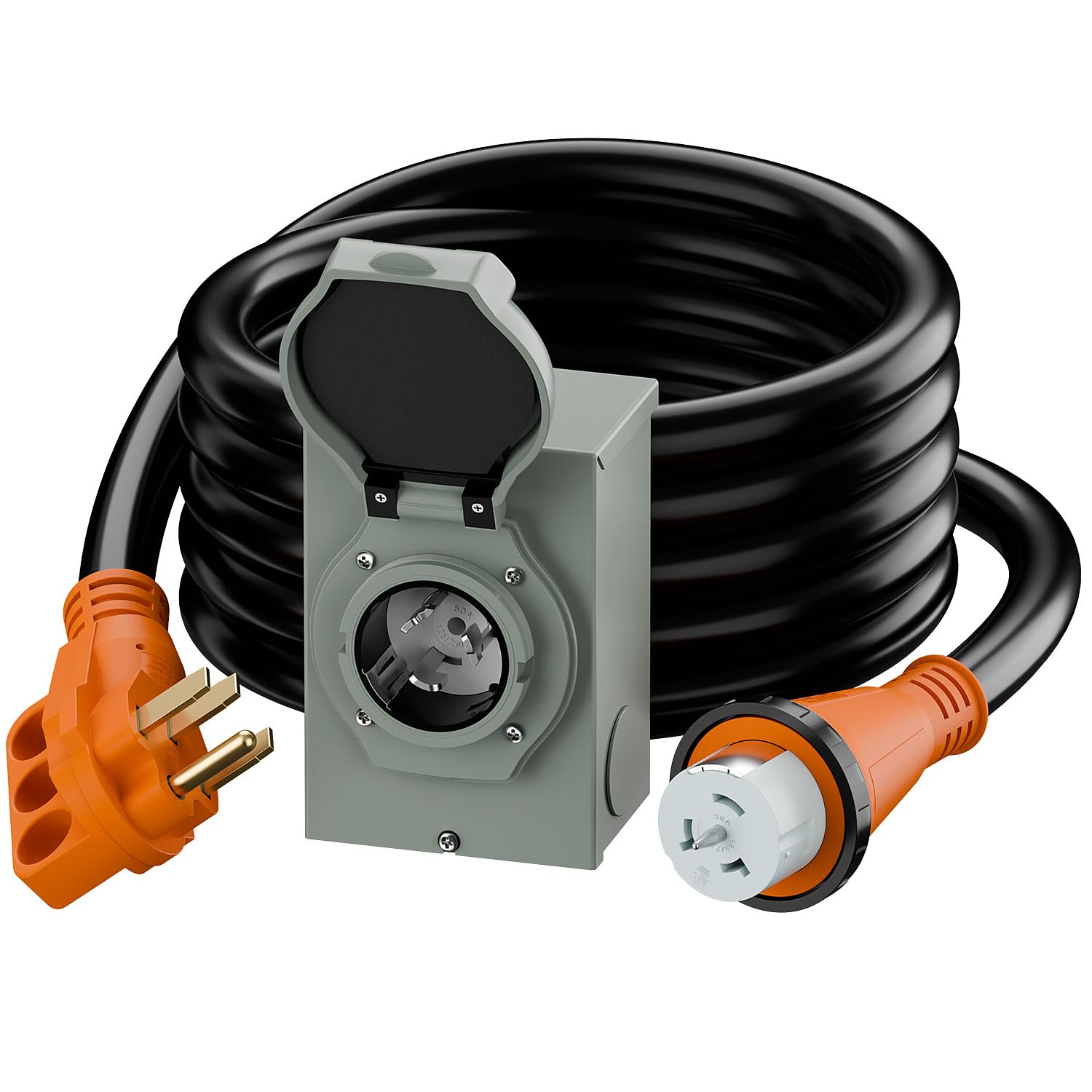 Nema SS 2-50P Waterproof RV 50Amp Power Inlet Box and SS 2-50P Extension Cable 15FT AC0069