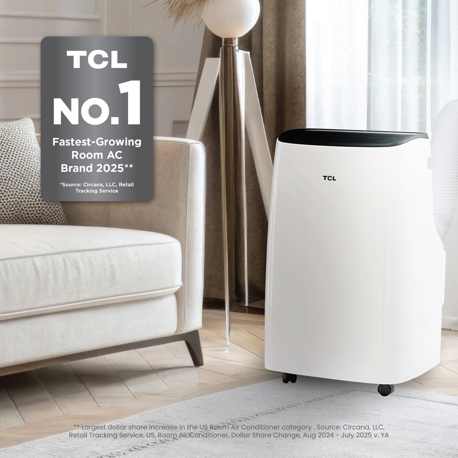 TCL H7P38W 7,000 SACC BTU Smart Portable Air Conditioner, Fan & Dehumidifier, 300 Sq. Ft, Ultra-Compact Design, Remote Control, Compatible with Alexa/Google Assistant, Install Kit Included, White