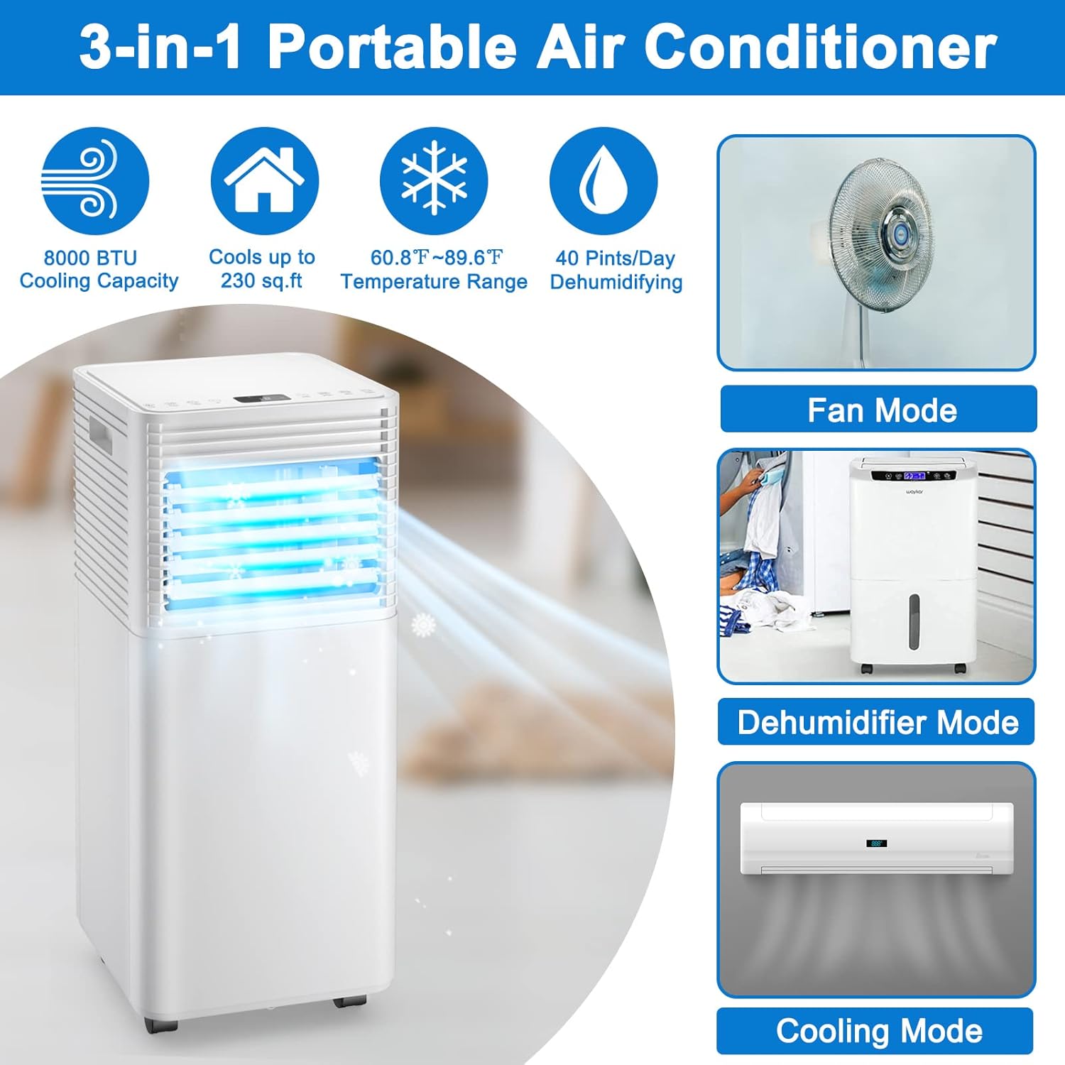 GOFLAME Portable Air Conditioner, 8000 BTU Powerful AC Unit with Remote Control and 4 Universal Casters, 3-IN-1 Air Cooler & Dehumidifier & Fan with 24H Timer for Living Room, Bedroom, Office, White