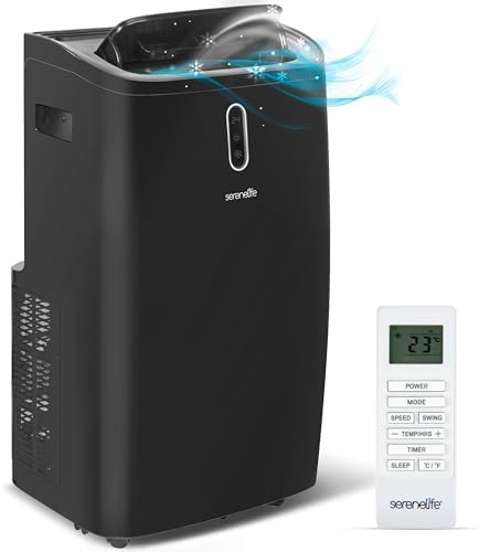 SereneLife 12000 BTU Portable Air Conditioner - 3-in-1 Compact Standing Air Conditioner for Room Up to 380 Sq. Ft. - Floor AC Unit with Remote Control - Universal Casters, Window Mount Kit