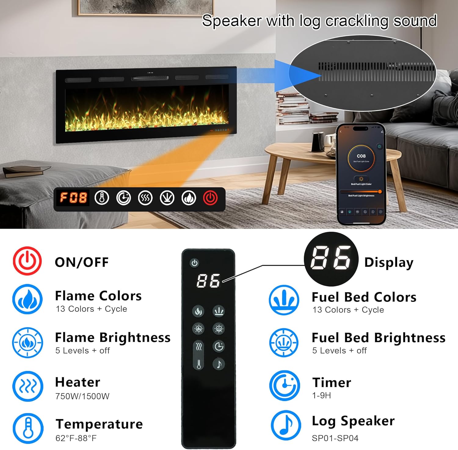 95 Inch WiFi-Enabled Recessed Electric Fireplace Inserts with Log Speaker,Wall Mounted & Freestanding Fireplace Heater,13 Adjustable Colors,5 Brightness Levels,Timer,750/1500w, Log & Crystal