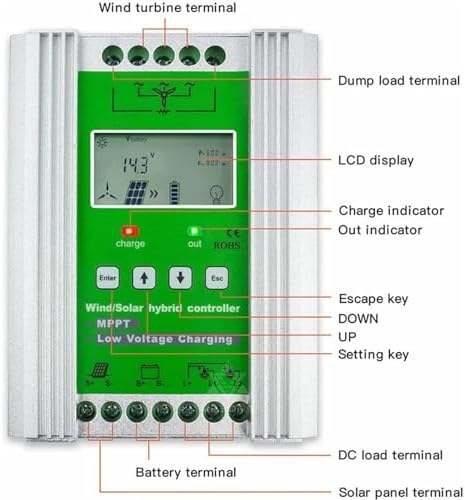 Hybrid Wind Solar Charge Controller - MPPT 12V/24V/48V Auto Boost for Off-Grid Battery Systems, LCD Display, Supports 800W Wind & 600W Solar Panel