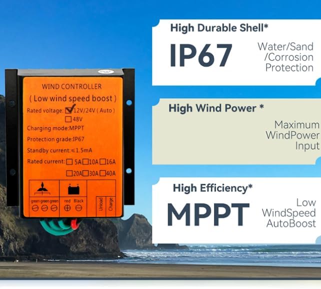 16000W MPPT Wind Charge Discharge Controller,12V 24V 48V Wind Charge Controller IP68 for AC DC Wind Turbine Generator(Yellow)