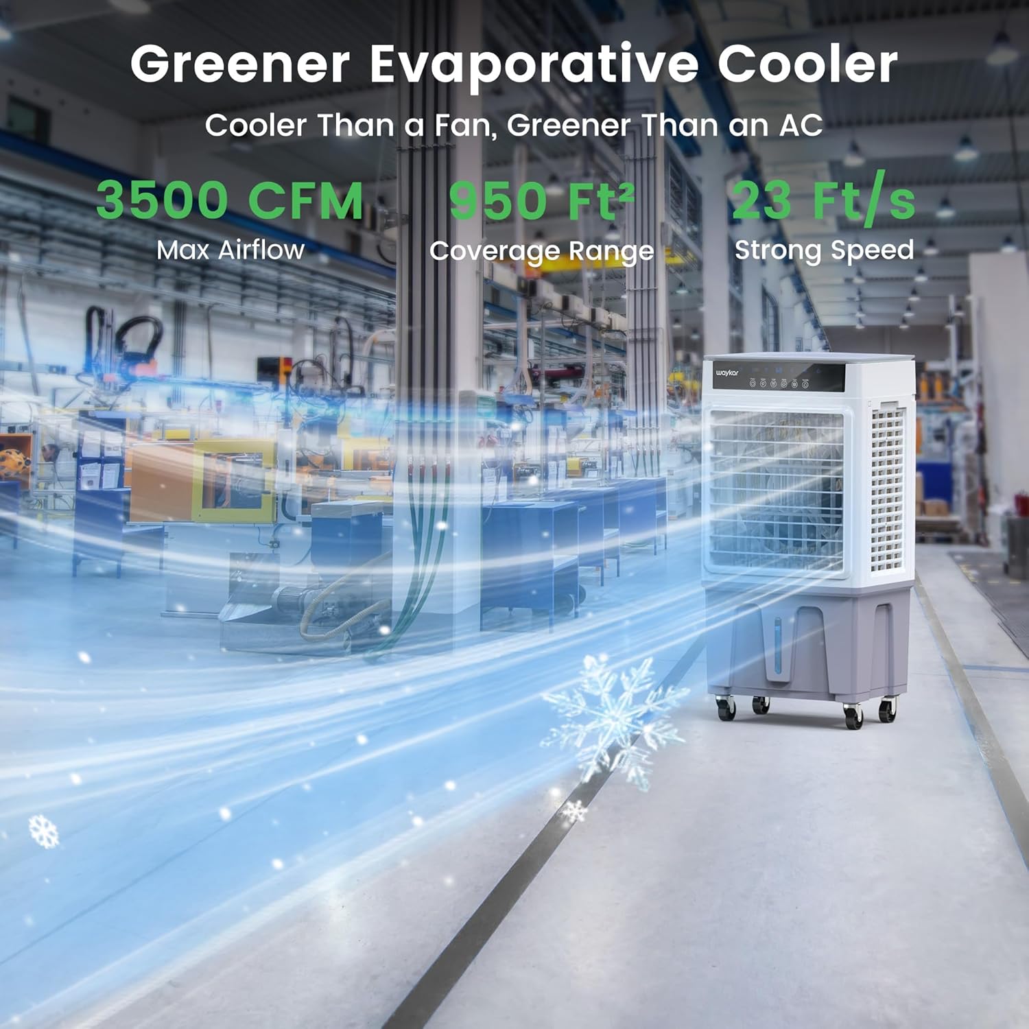 Waykar Swamp Cooler, 3500 CFM Evaporative Air Cooler with 6 Gals Water Tank, 950 Sq.Ft. Portable Air Conditioner with 4 Ice Pack, 120°/60°Oscillation, 3 Models for Garage, Yard, Commercial Use