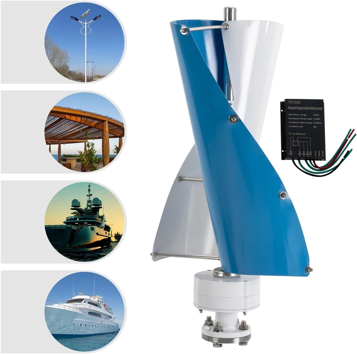 Wind Generator, 12V/24V Vertical Axis Wind Portable Generator Maximum Power 100W IP67 Energy for Home RVs,Wind Turbine(White-and-Blue-12V)