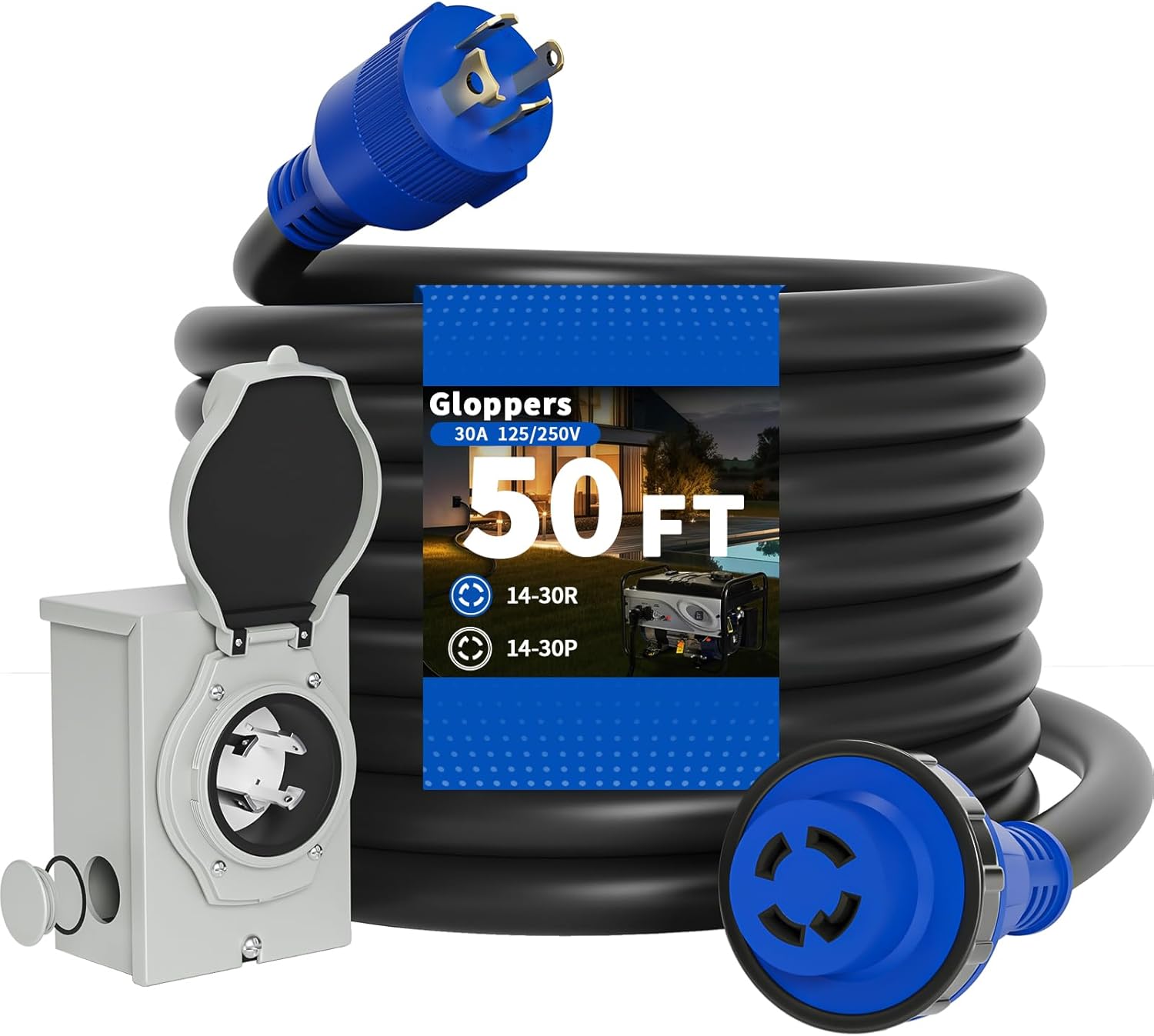 30 Amp Generator Cord and Power Inlet Box, 50FT 125V/250V 4 Prong SJTW Generator Extension Cord, Pre-Drilled 30 Amp Inlet Box Interlock Kit NEMA L14-30P to L14-30R Twist Locking ETL Listed