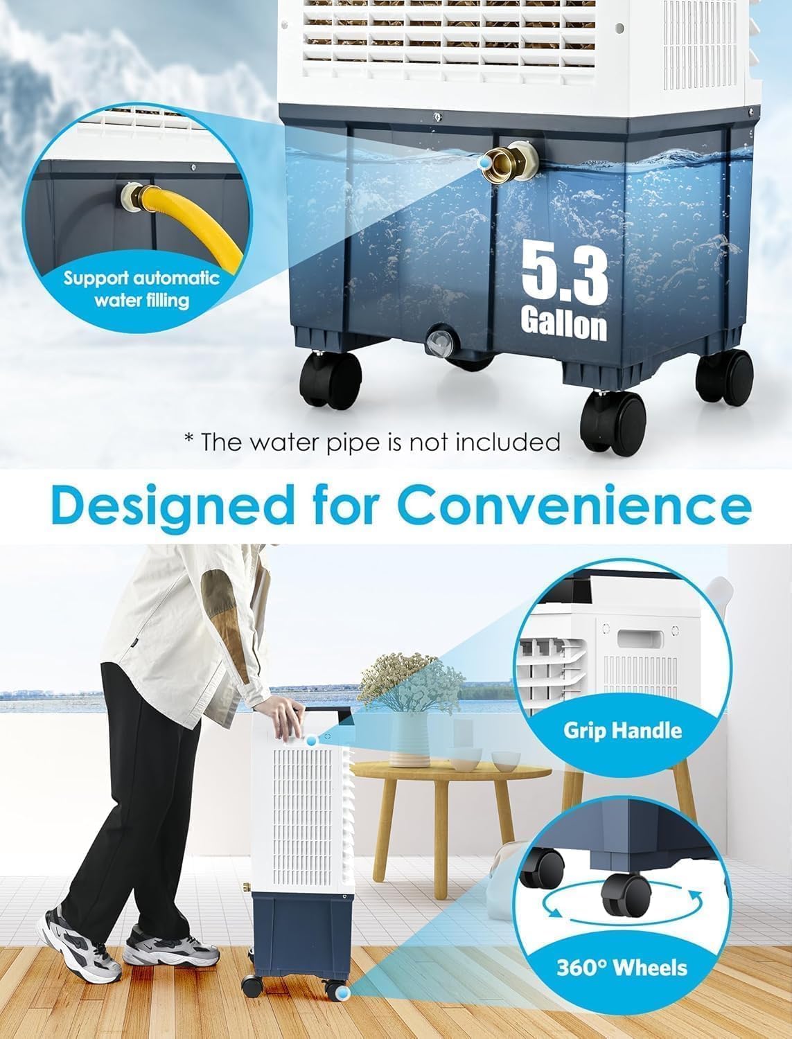 Air Choice Swamp Cooler, 1800 CFM Evaporative Air Cooler with 5.3 Gal Water Tank, 110° Swing, 3 Speeds, 4 Ice Box, Remote, 12H Timer, Portable Air Cooling Fan for Outdoor & Indoor, Gray