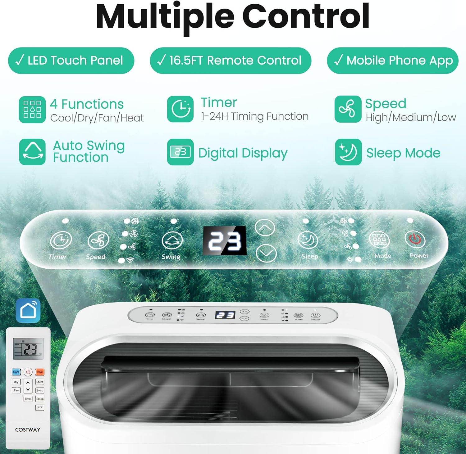 COSTWAY Portable Air Conditioner, 14000 BTU AC Unit with Cool, Fan, Heat & Dehumidifier, Alexa Voice-Enabled, with WiFi Smart App Control,Cools up to 700 Sq. Ft